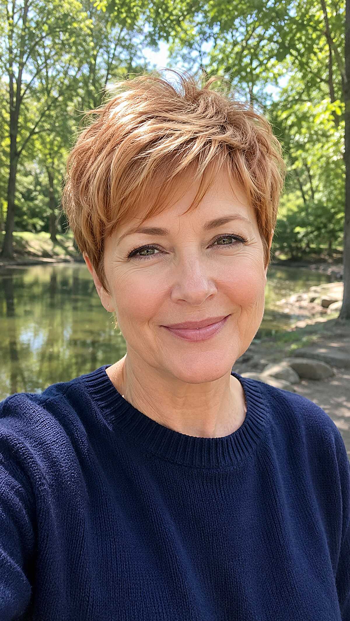 Strawberry blonde pixie with wispy feathered bangs
