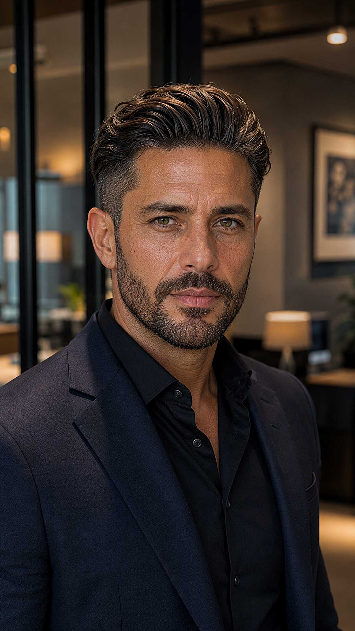 Swept back pompadour with warm highlights and fade