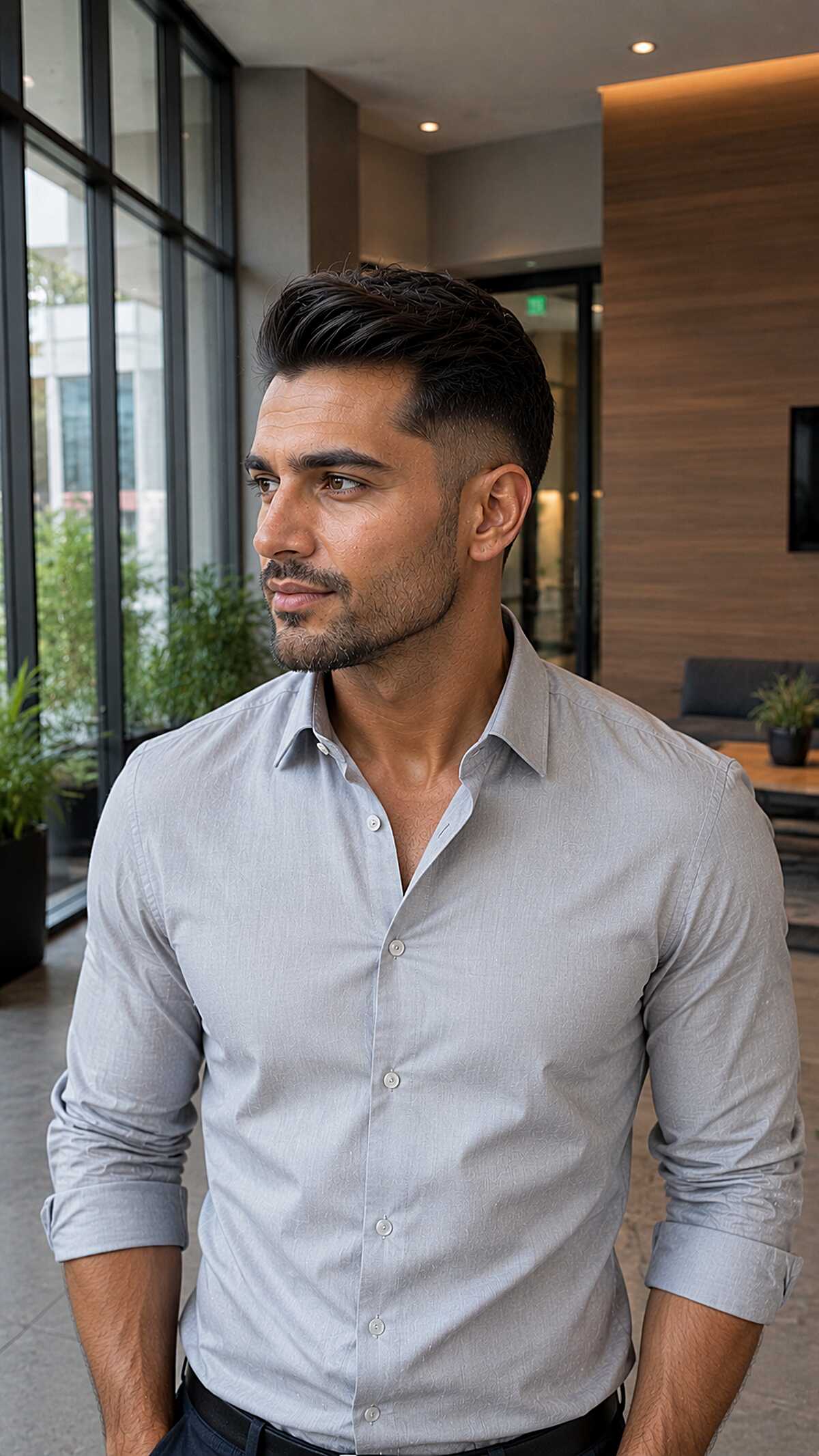 Dark tapered business cut swept back with volume