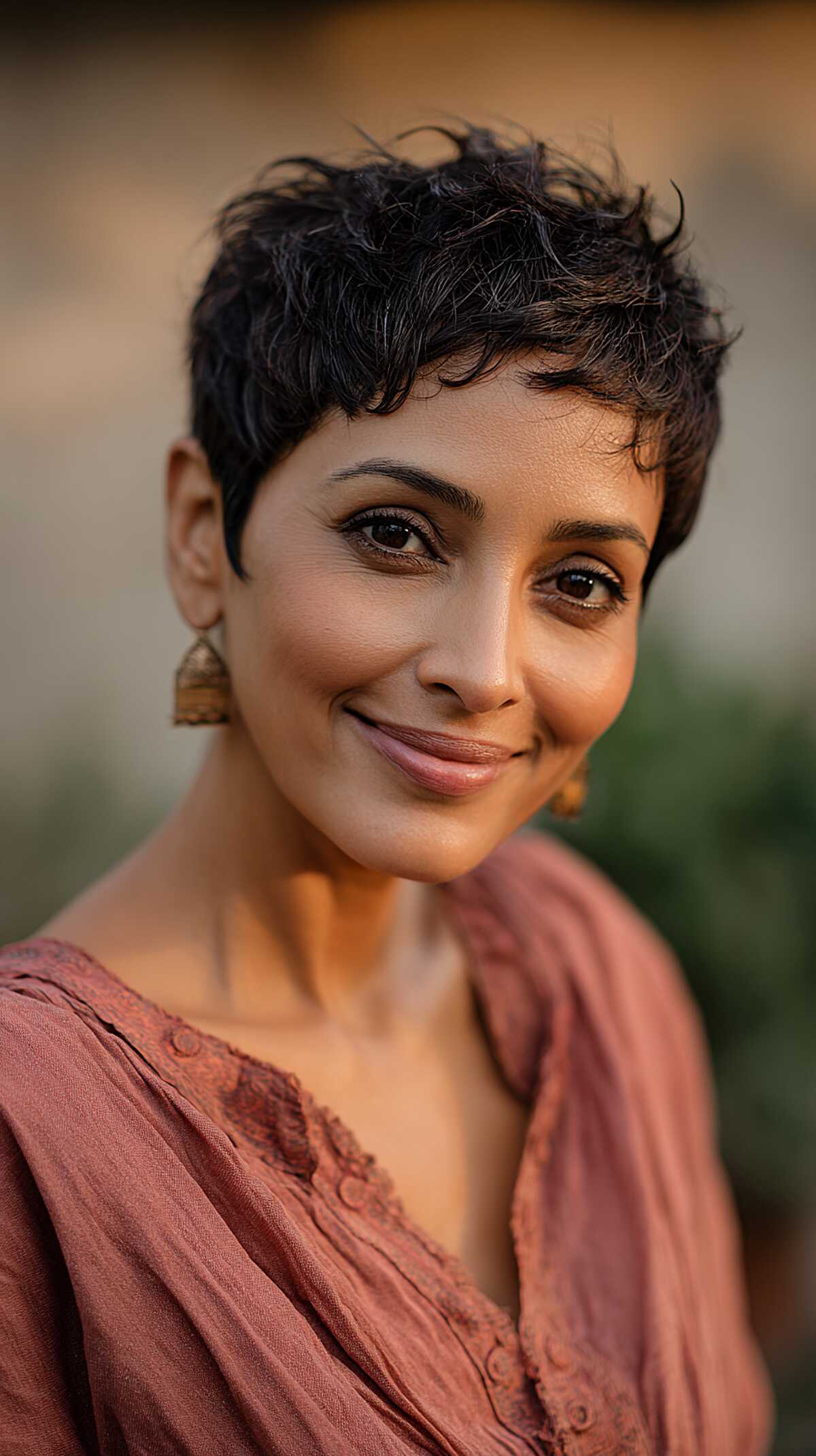 Very short dark textured pixie with feathered wispy edges