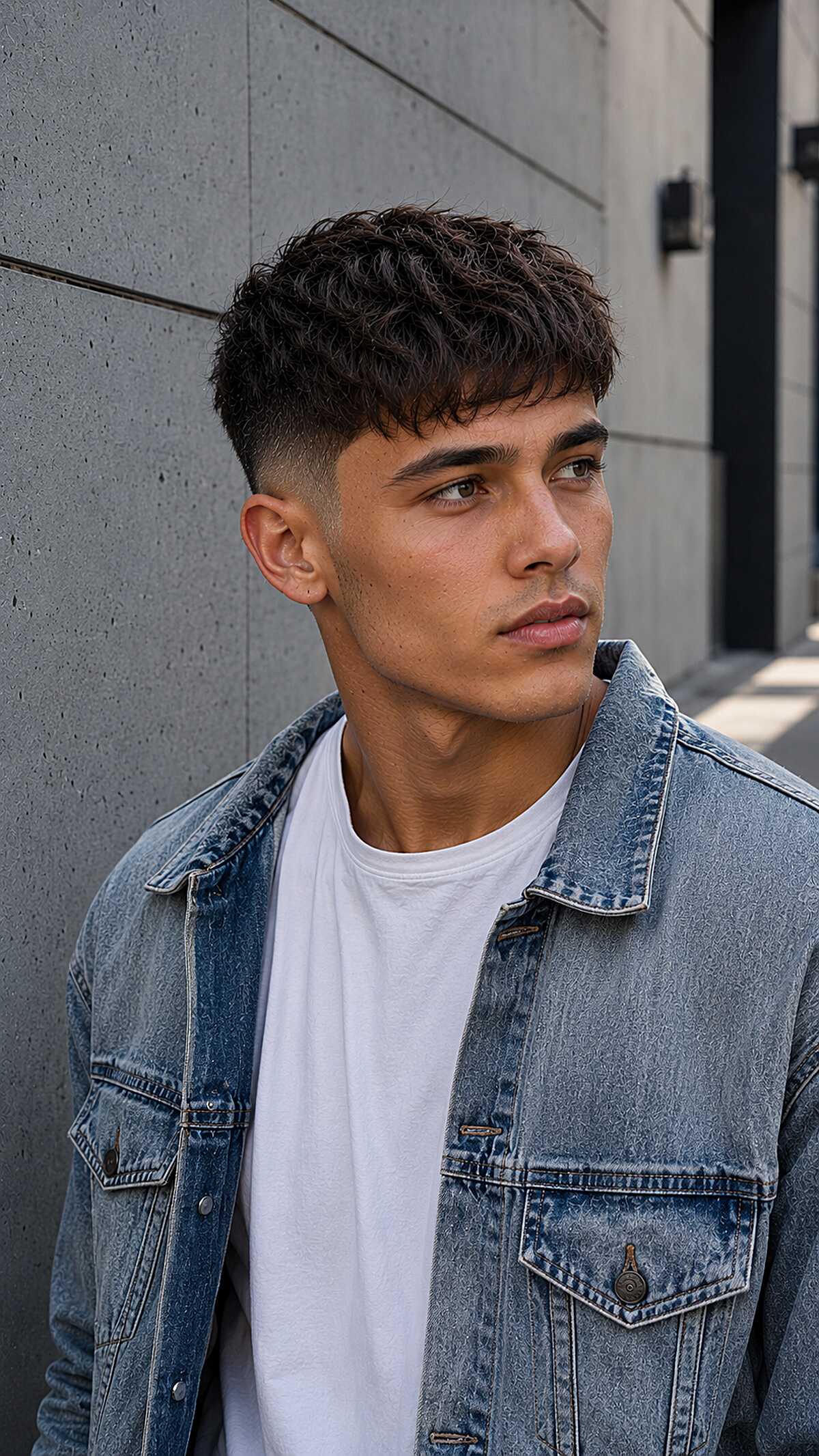 Short textured crop with subtle fringe and fade