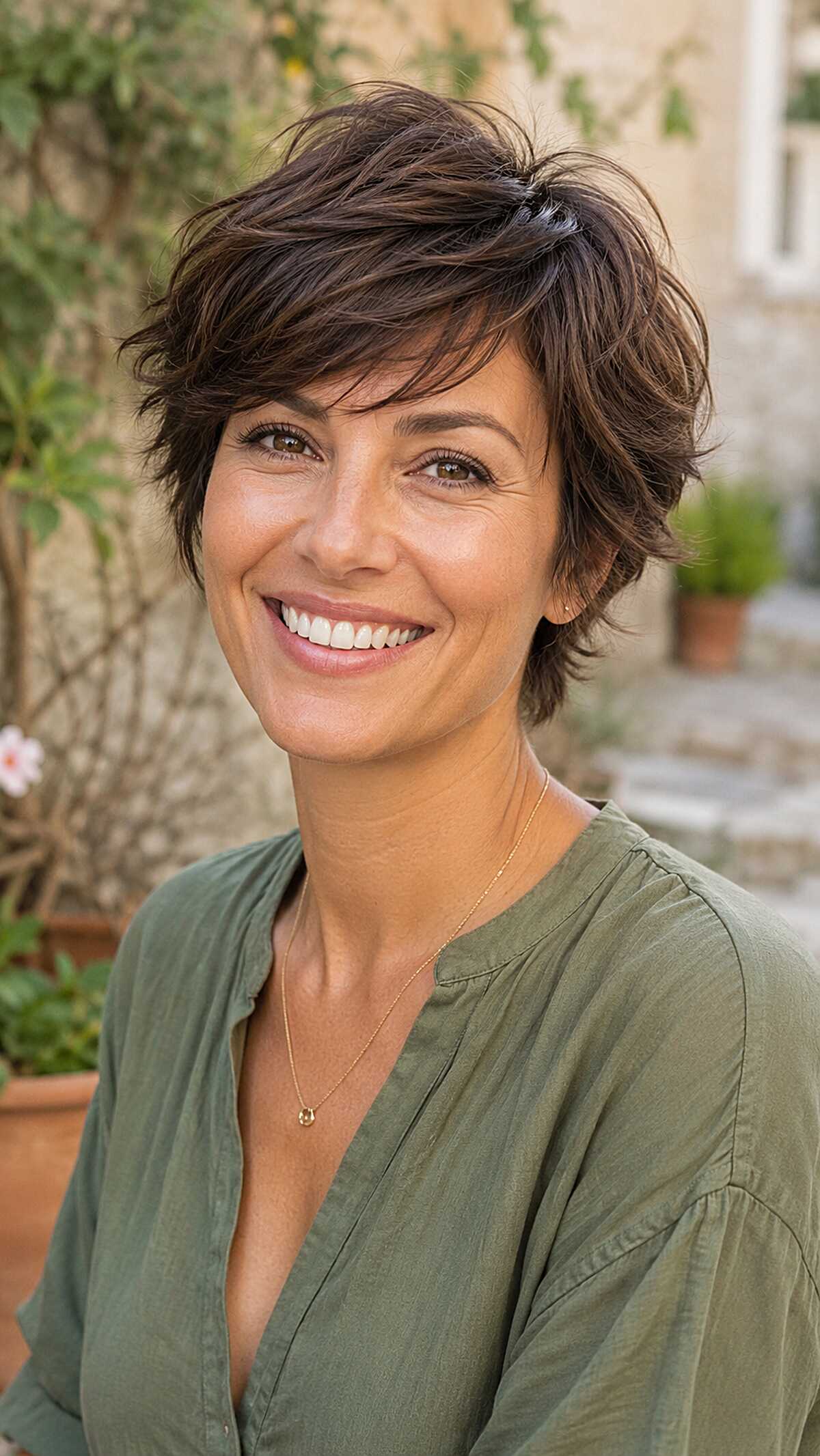 Chocolate brown pixie shag with tousled feathered layers