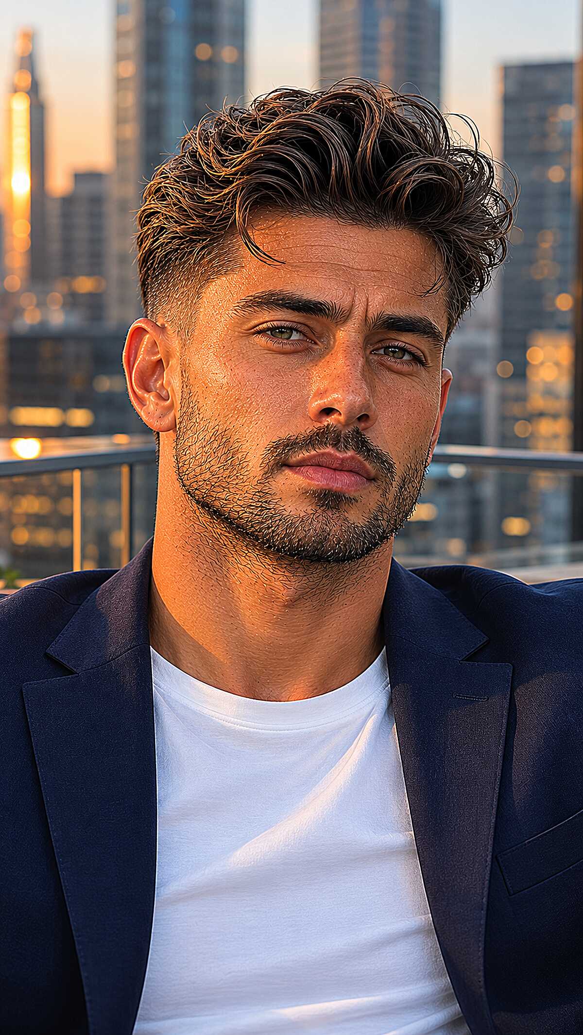 Wavy tousled top with low fade and stubble