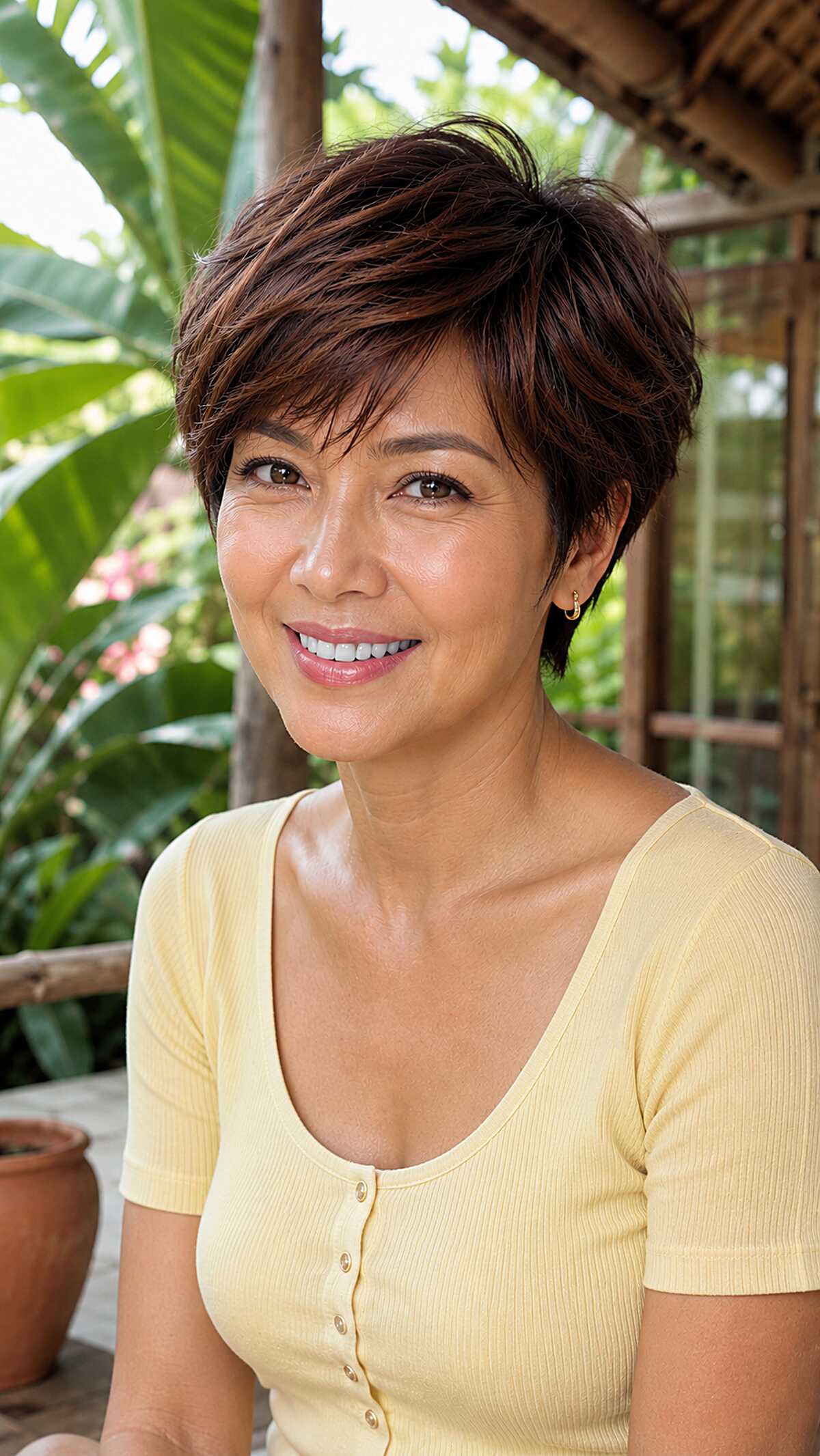 Warm brunette pixie with feathered layers and tapered nape