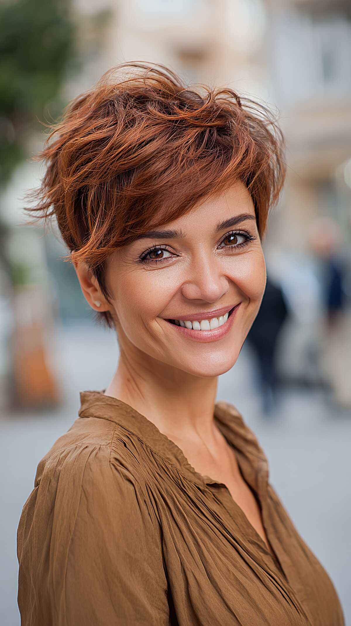 Warm copper pixie with tousled feathered texture