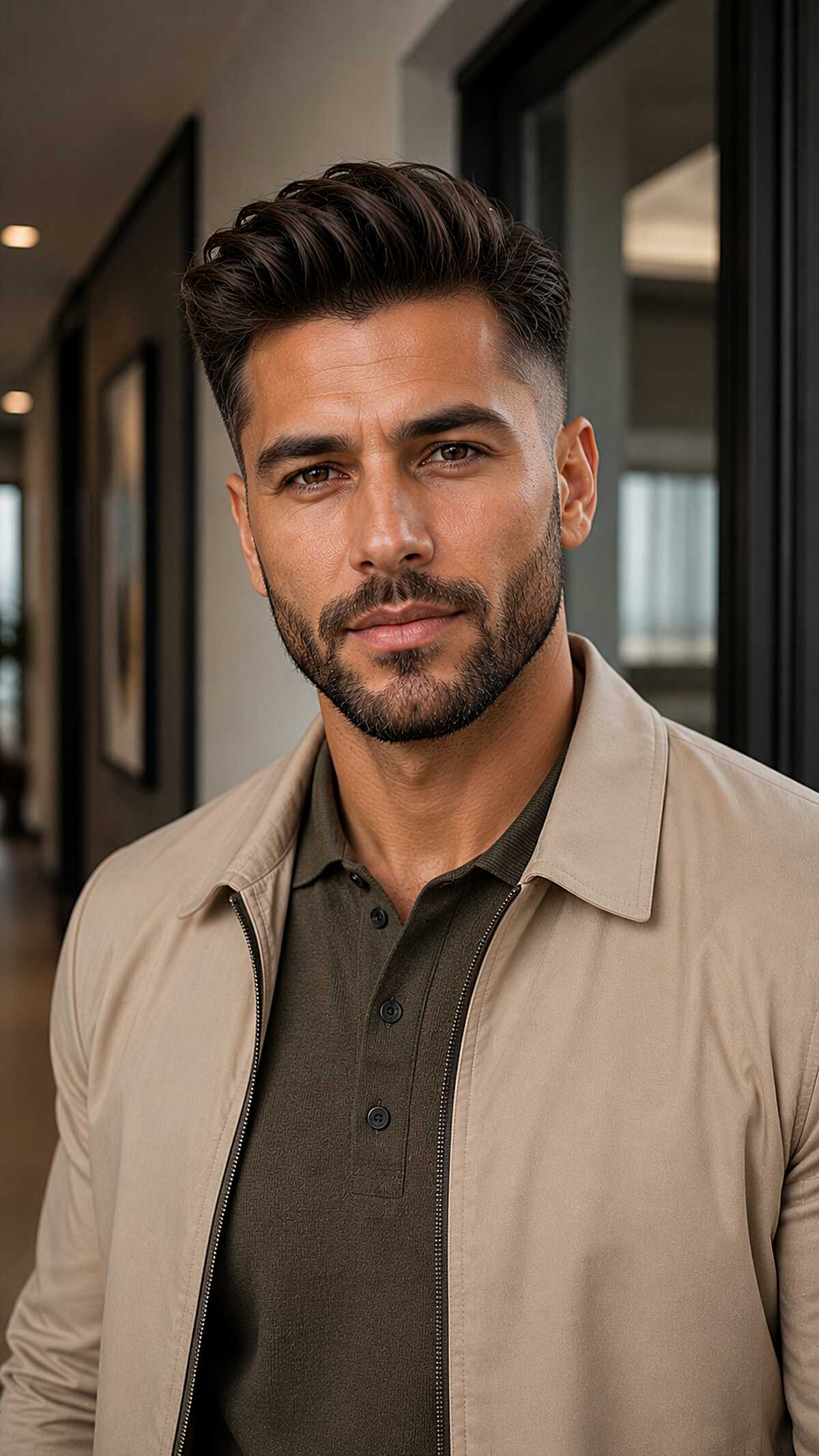 Dark wavy brushed-up volume with mid taper fade