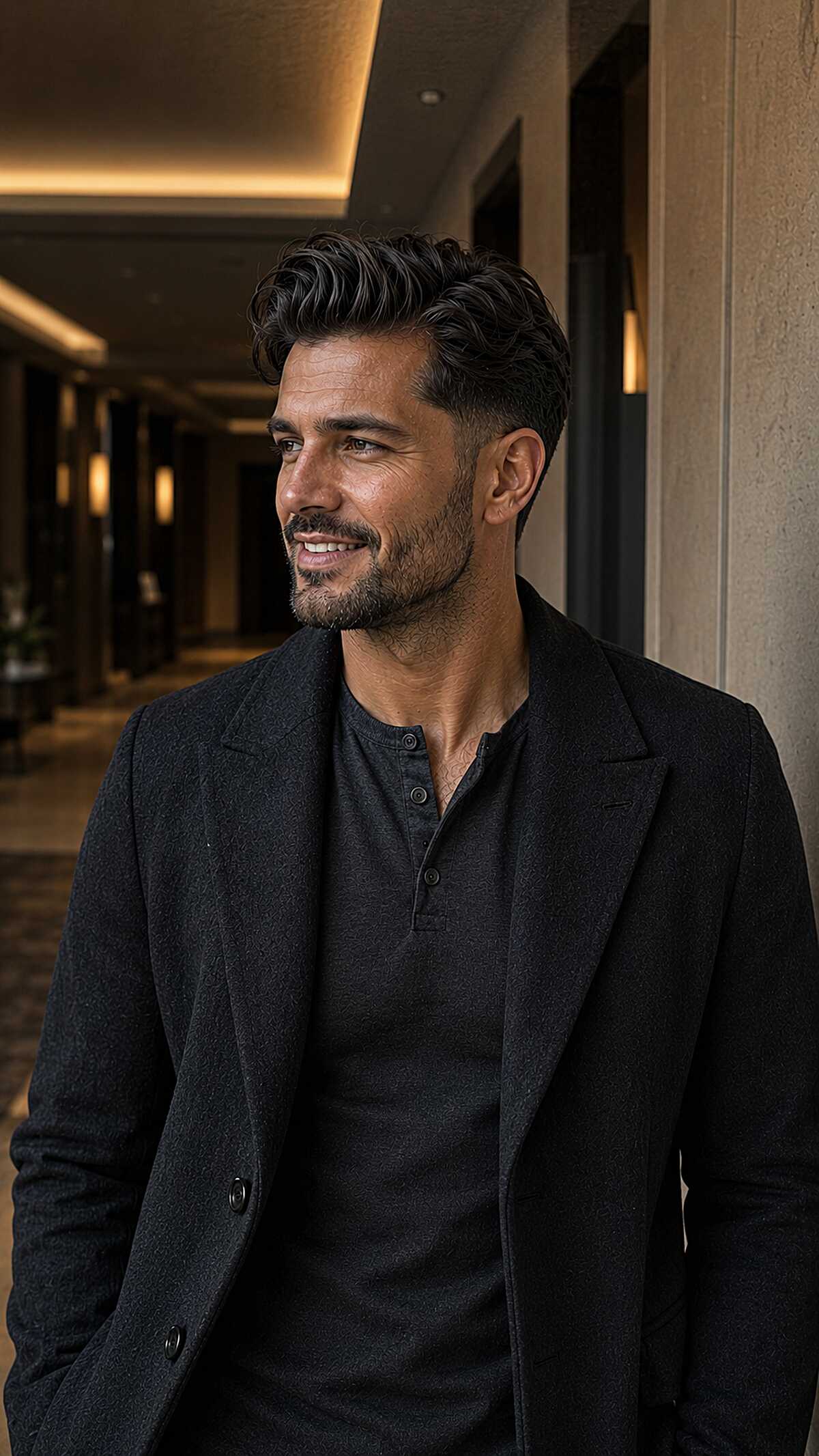 Dark wavy swept-back hair with low fade