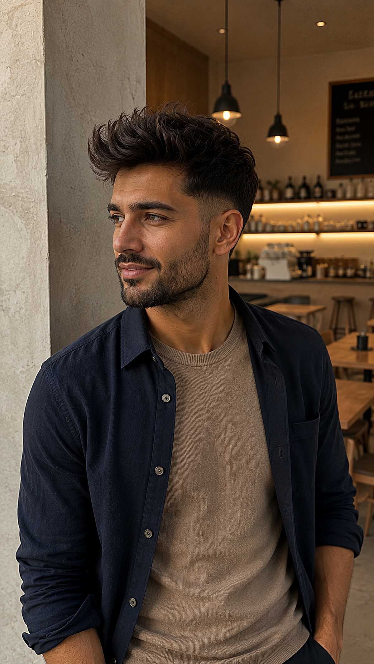 Windswept wavy textured top with low taper fade