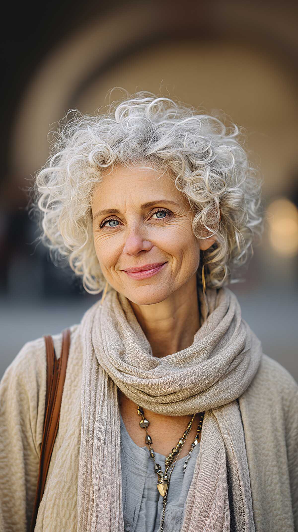 Light platinum gray curly bob with soft bohemian volume