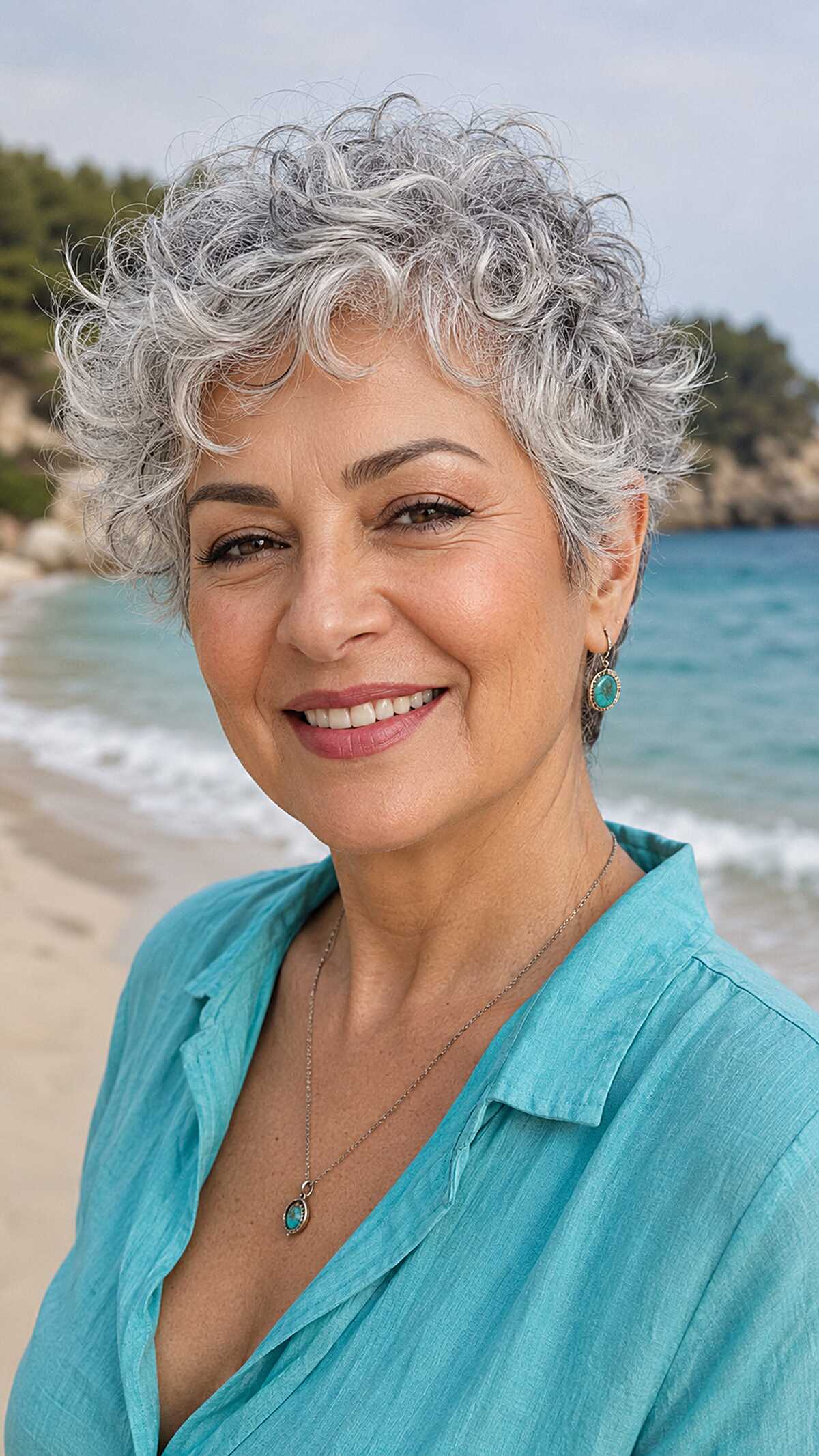 Beach-ready natural gray curly pixie on woman outdoors