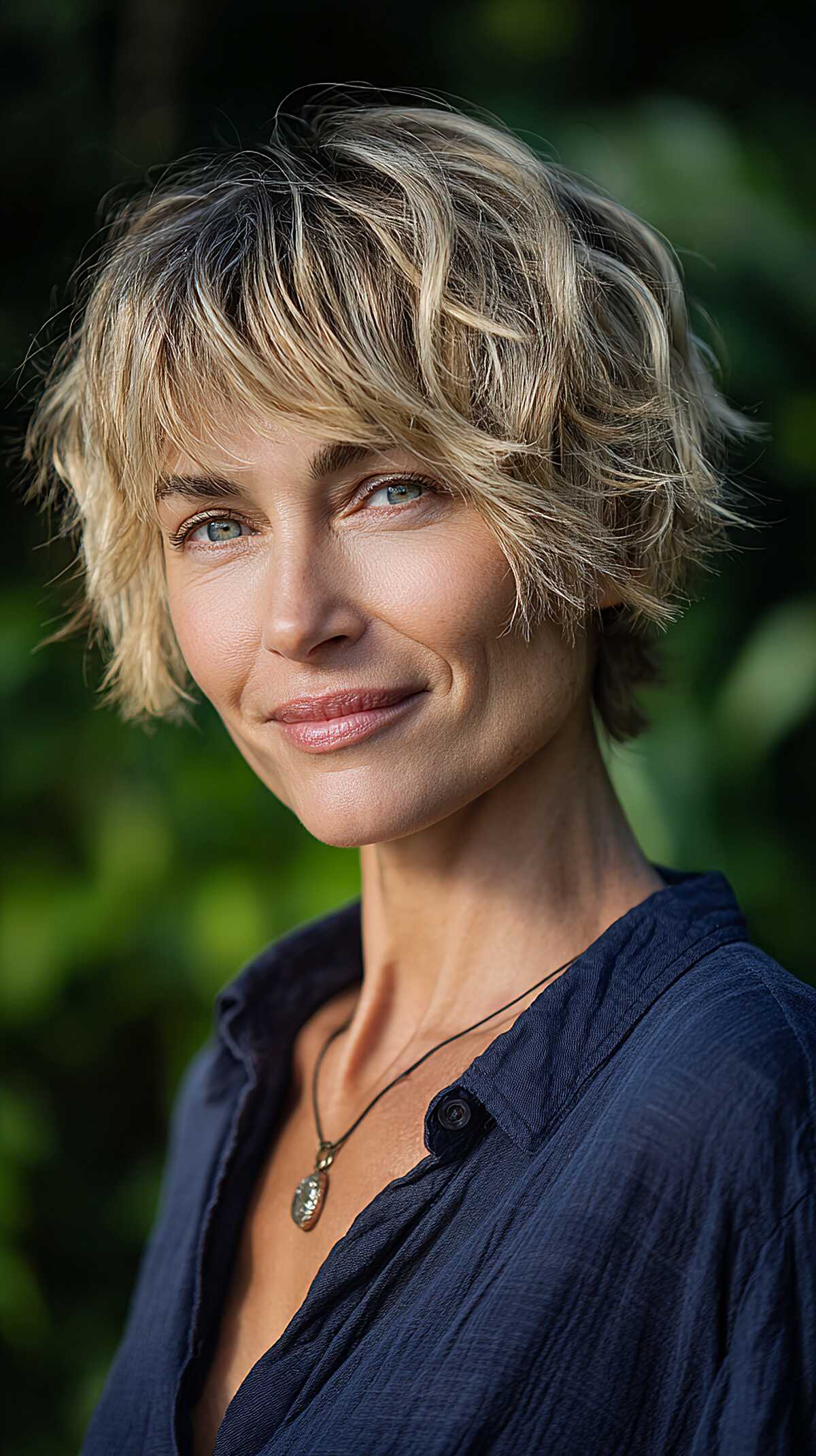 Beachy blonde shag bob with dark root shadow