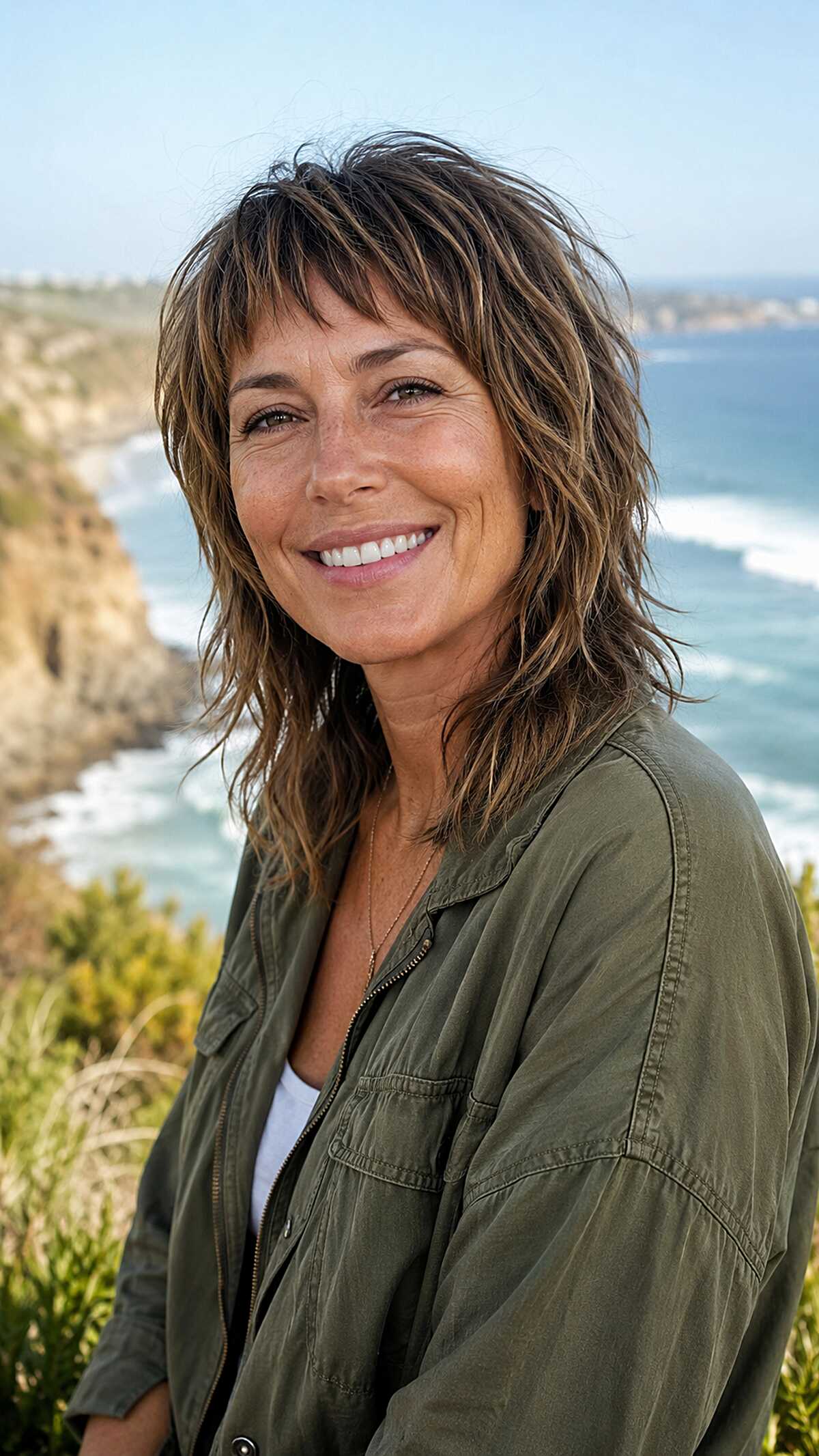 Beachy highlighted mullet shag with tousled waves