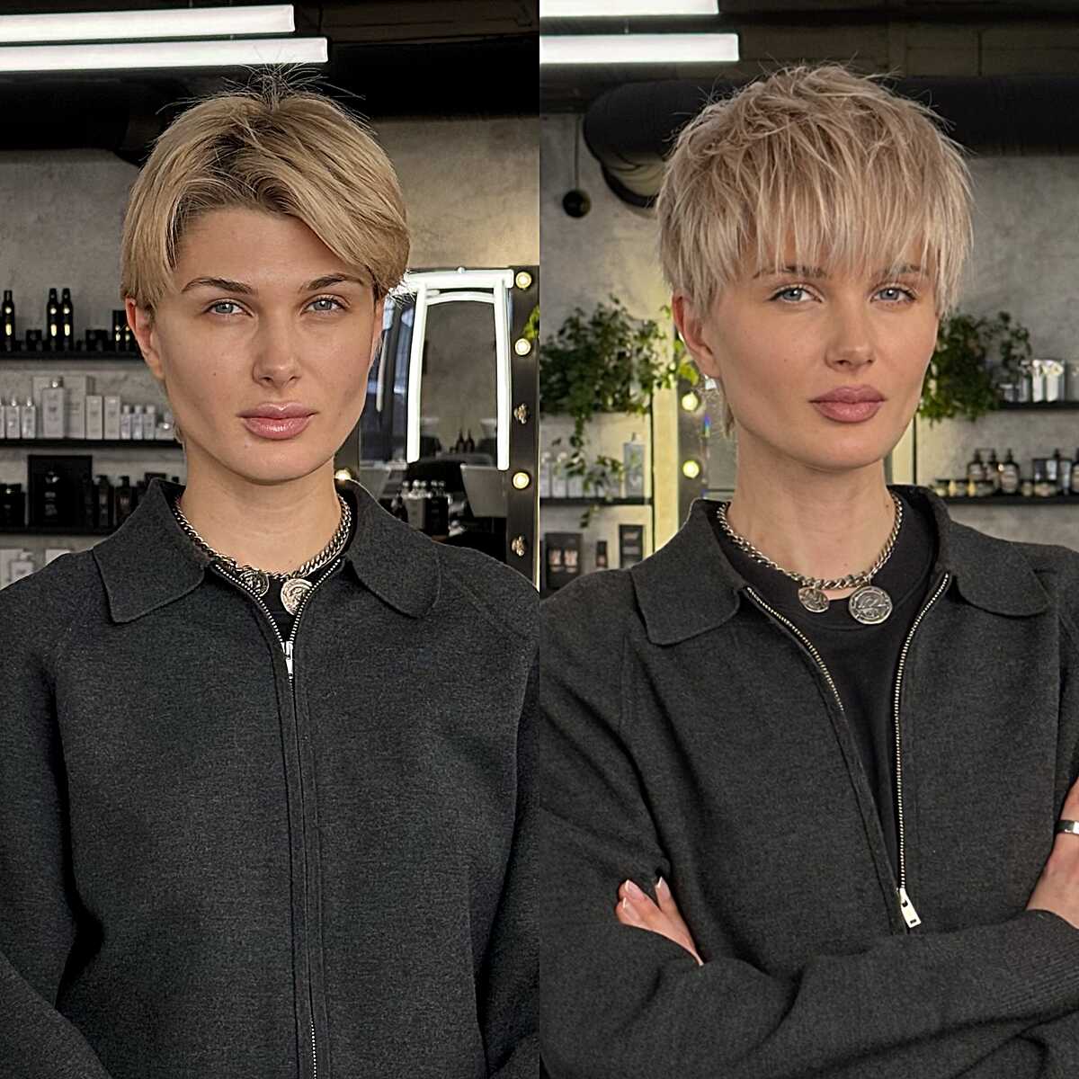 Before and after blonde pixie cut with choppy fringe