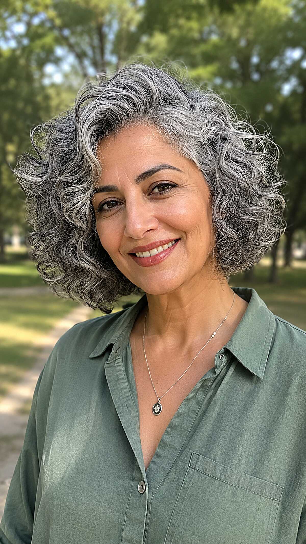 Bouncy curly bob with dark and light gray contrast