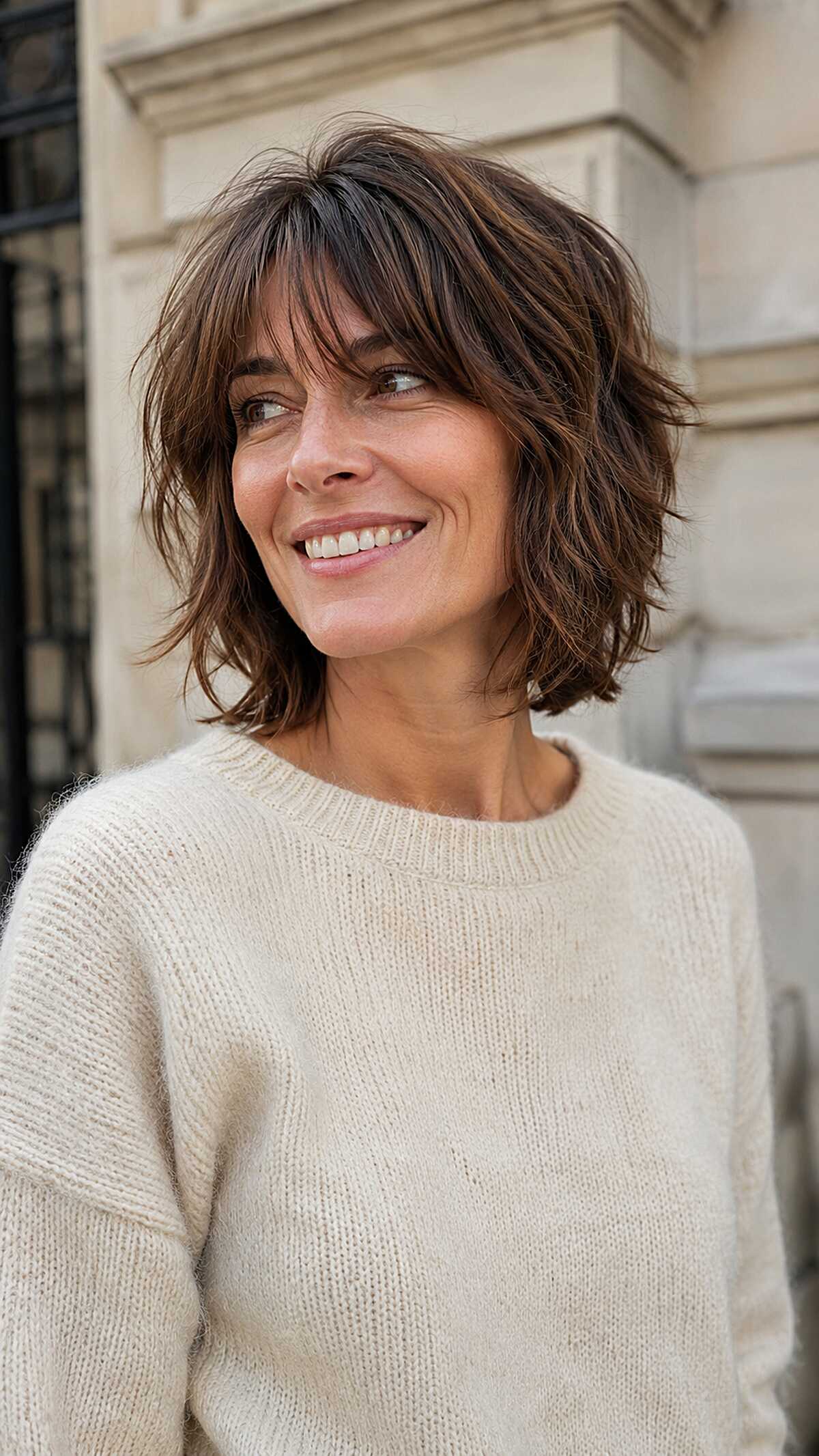 Brunette chin-length shag bob with warm highlights