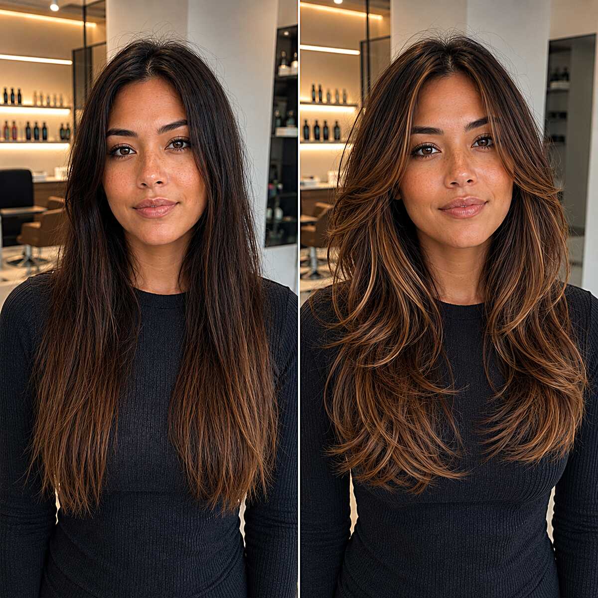 Before and after caramel balayage with voluminous layers