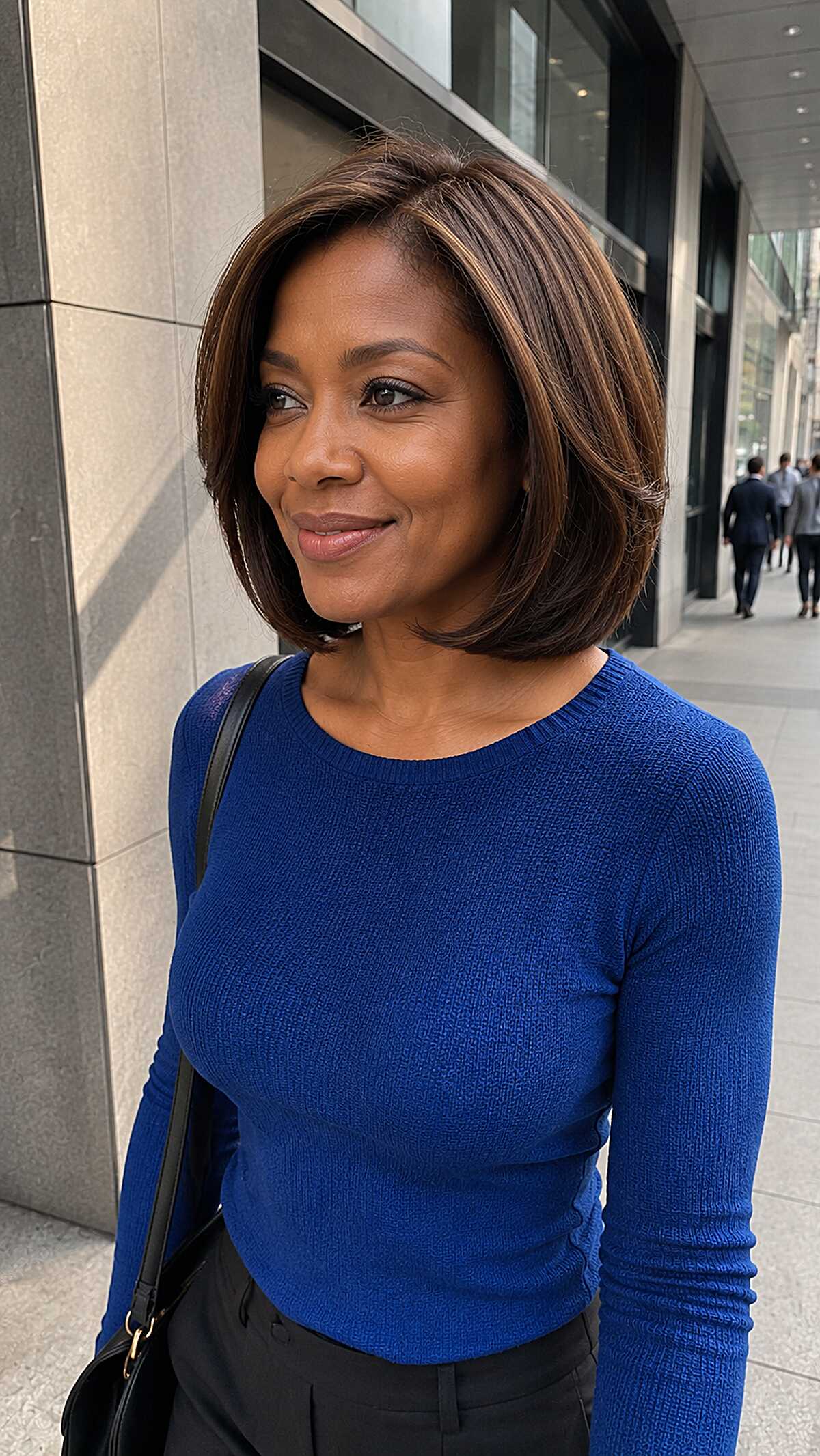 Sleek chin-length bob with subtle caramel highlights