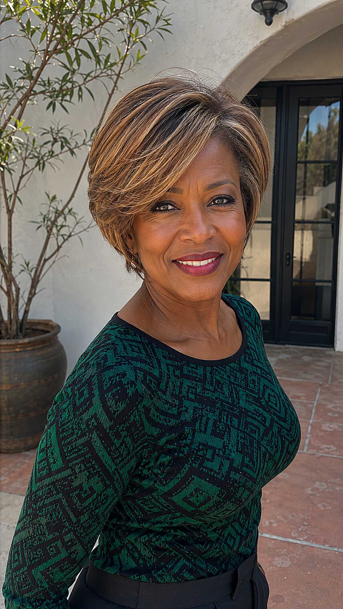 Short pixie cut with caramel highlights and volume on top