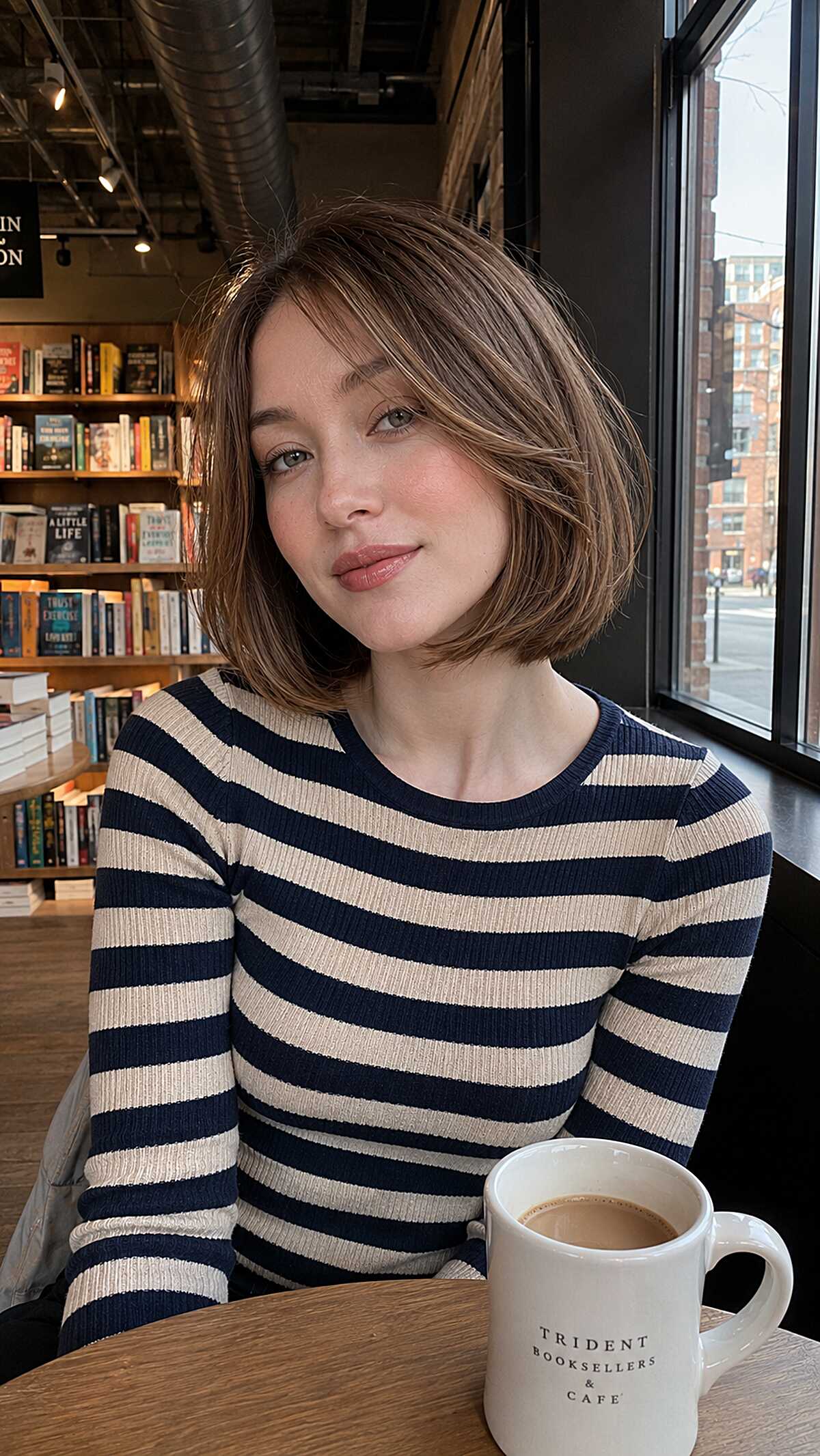 Short chin-length bob with caramel ends and side part