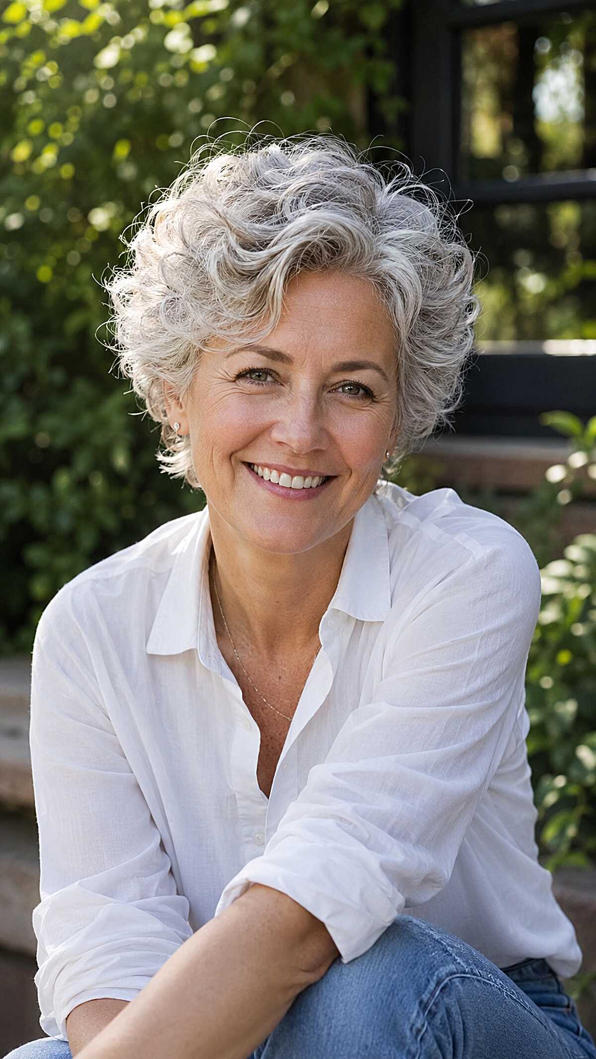 Casual tousled silver curly crop on woman over 50