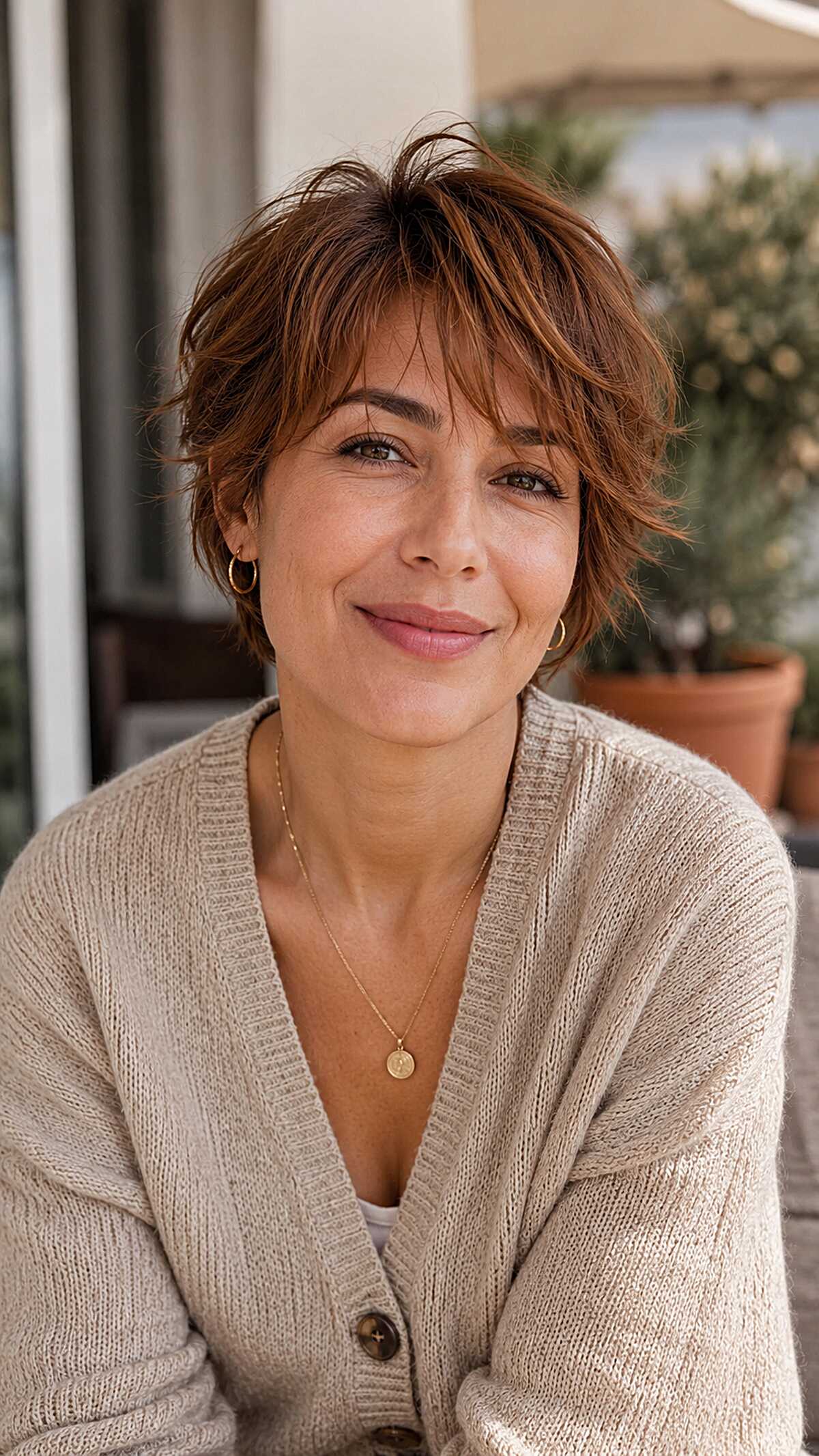 Chestnut brown short shag with soft wispy fringe