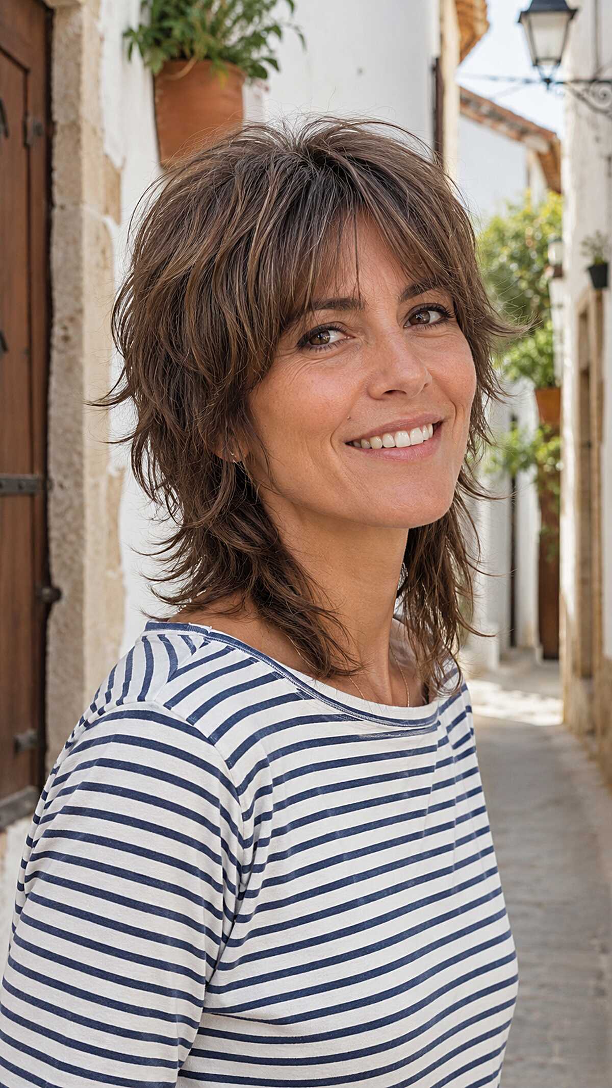 Choppy layered brunette mullet with flipped ends