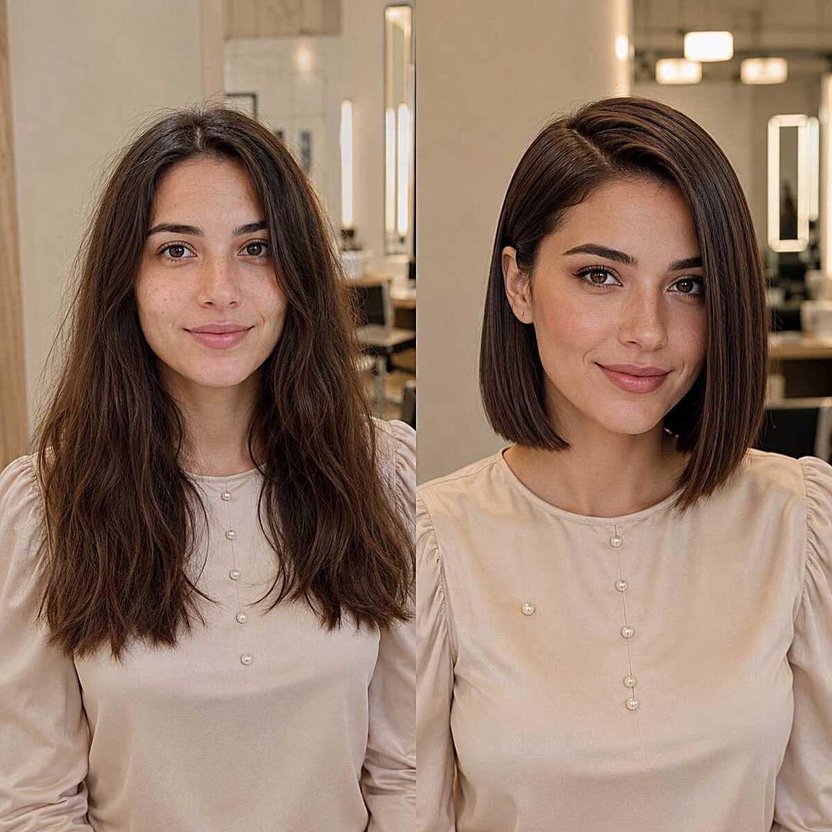 Before and after long hair to sleek chin-length bob