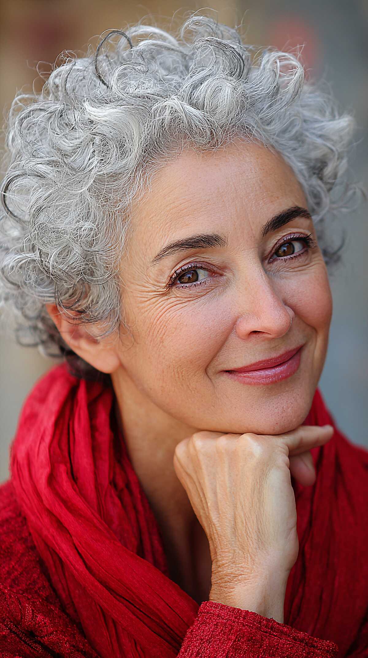 Close-cropped gray curly pixie with asymmetric top volume