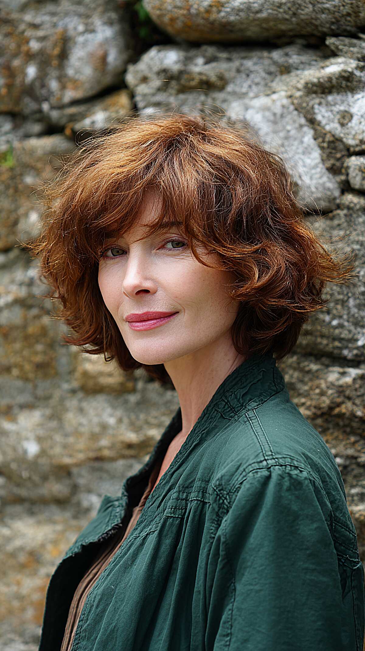 Copper red curly shag bob with natural volume