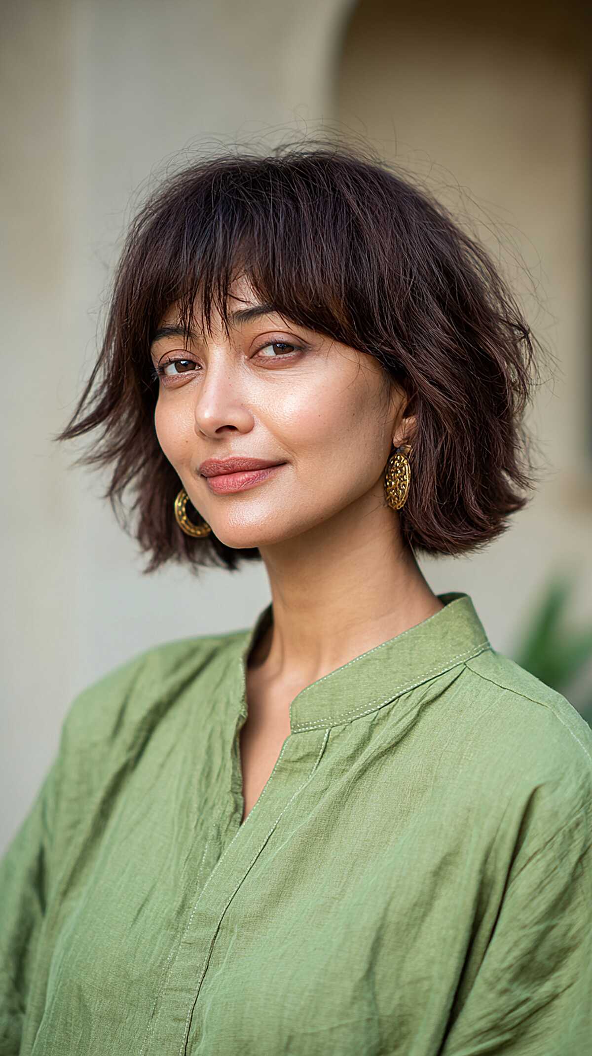 Dark brown textured bob shag with soft bangs