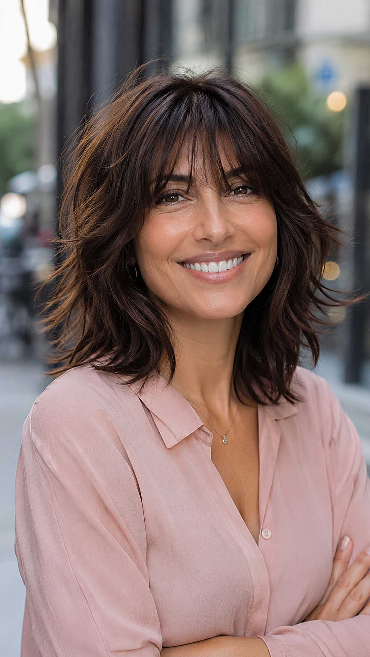 Dark brunette shoulder-length shag with wispy bangs