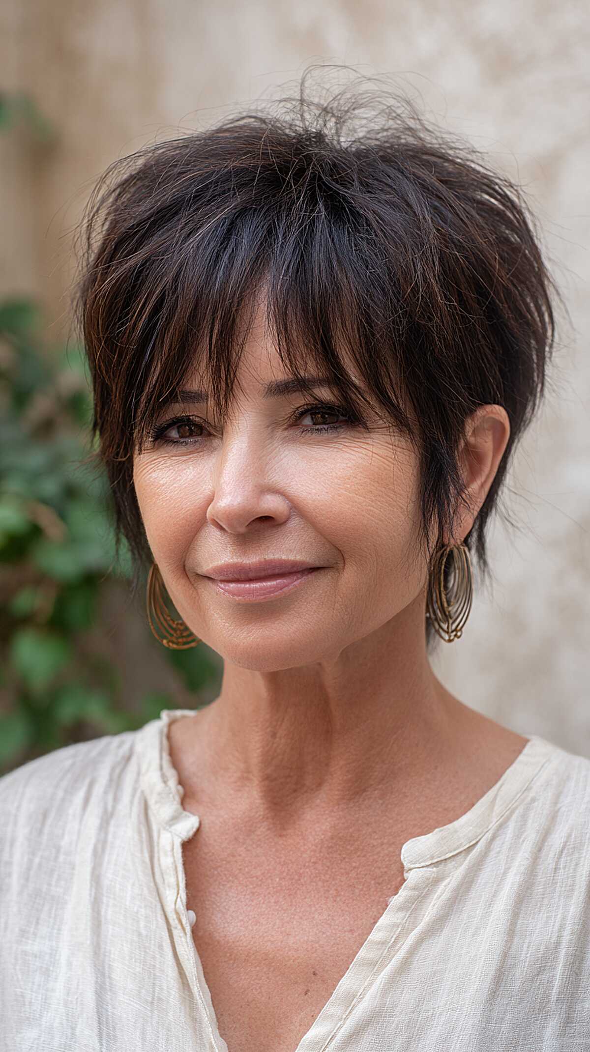 Dark brunette shaggy mixie with long eye-skimming bangs