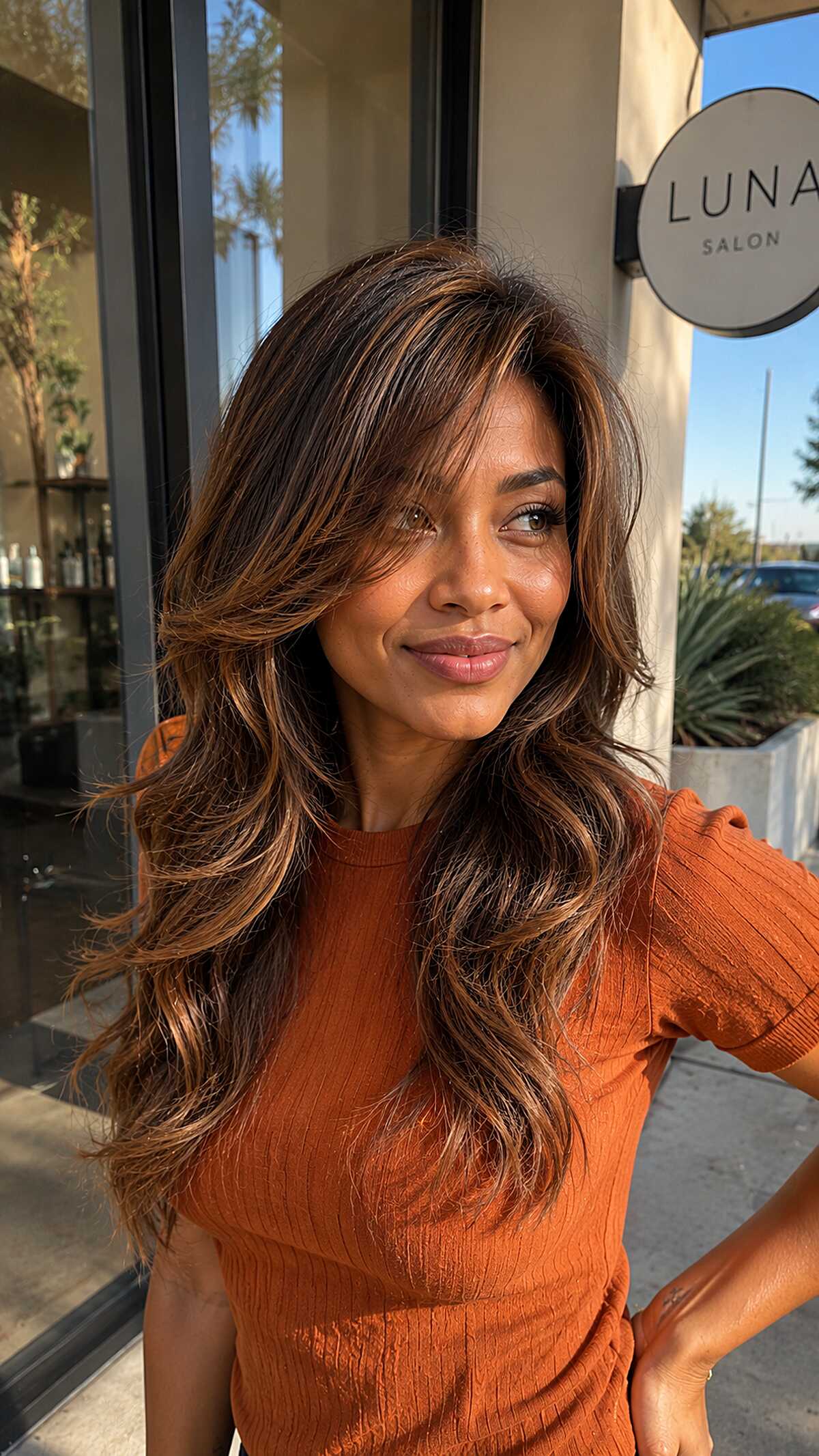 Long dark brown hair with caramel ribbon highlights