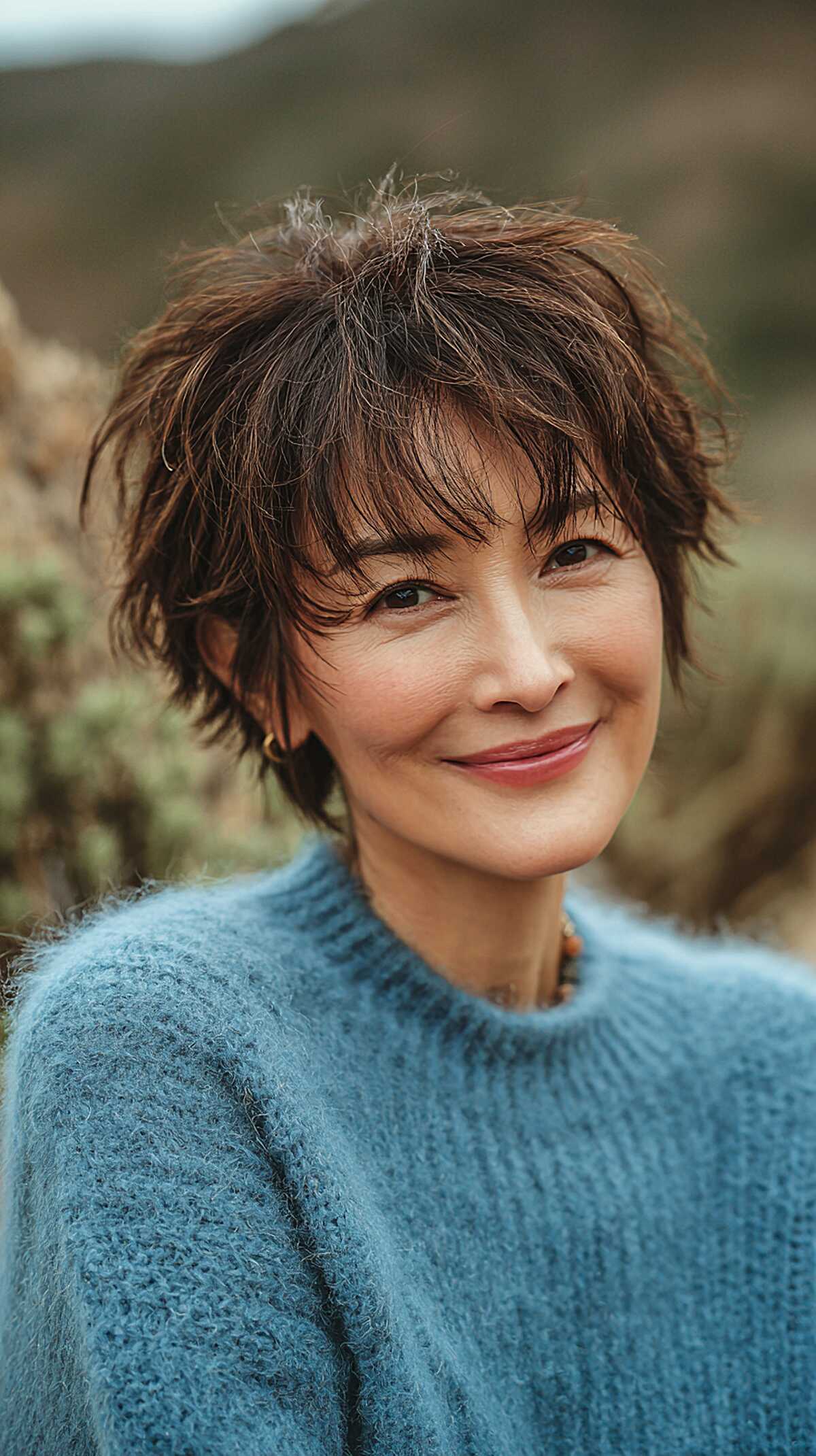 Choppy dark brunette shag with wispy bangs