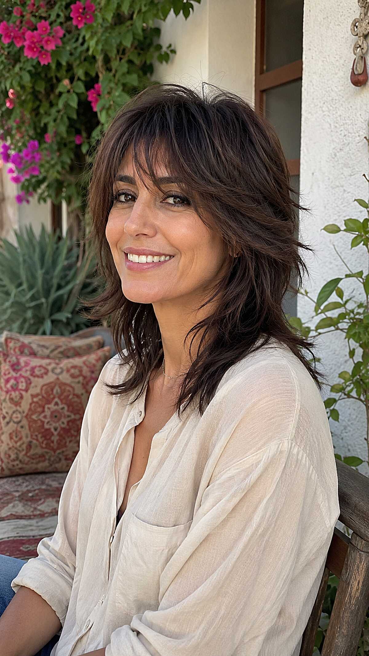 Dark chocolate layered mullet with curtain fringe