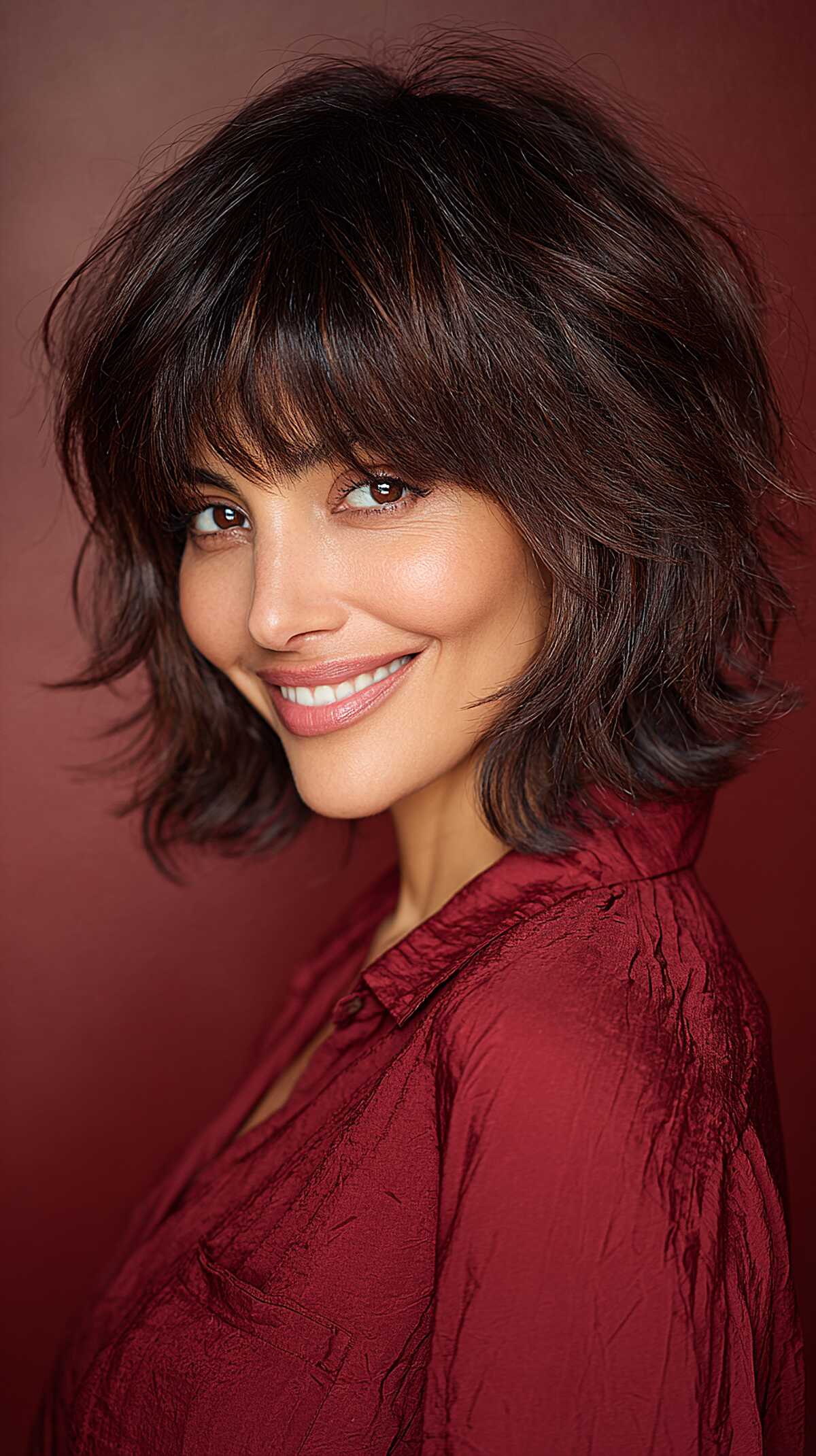 Voluminous dark chocolate shag bob with full bangs