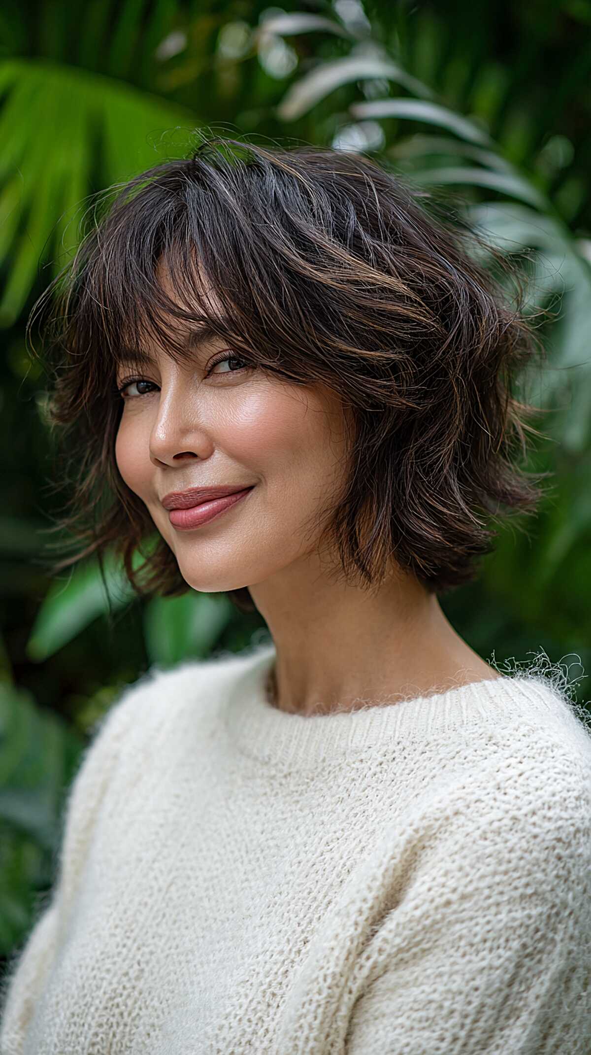 Dark espresso shag bob with subtle caramel highlights