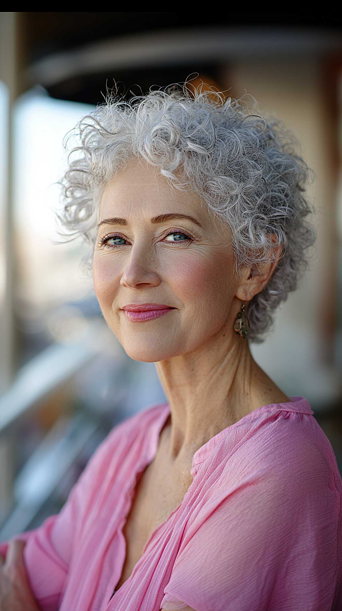 Delicate gray curly pixie with soft rounded coils