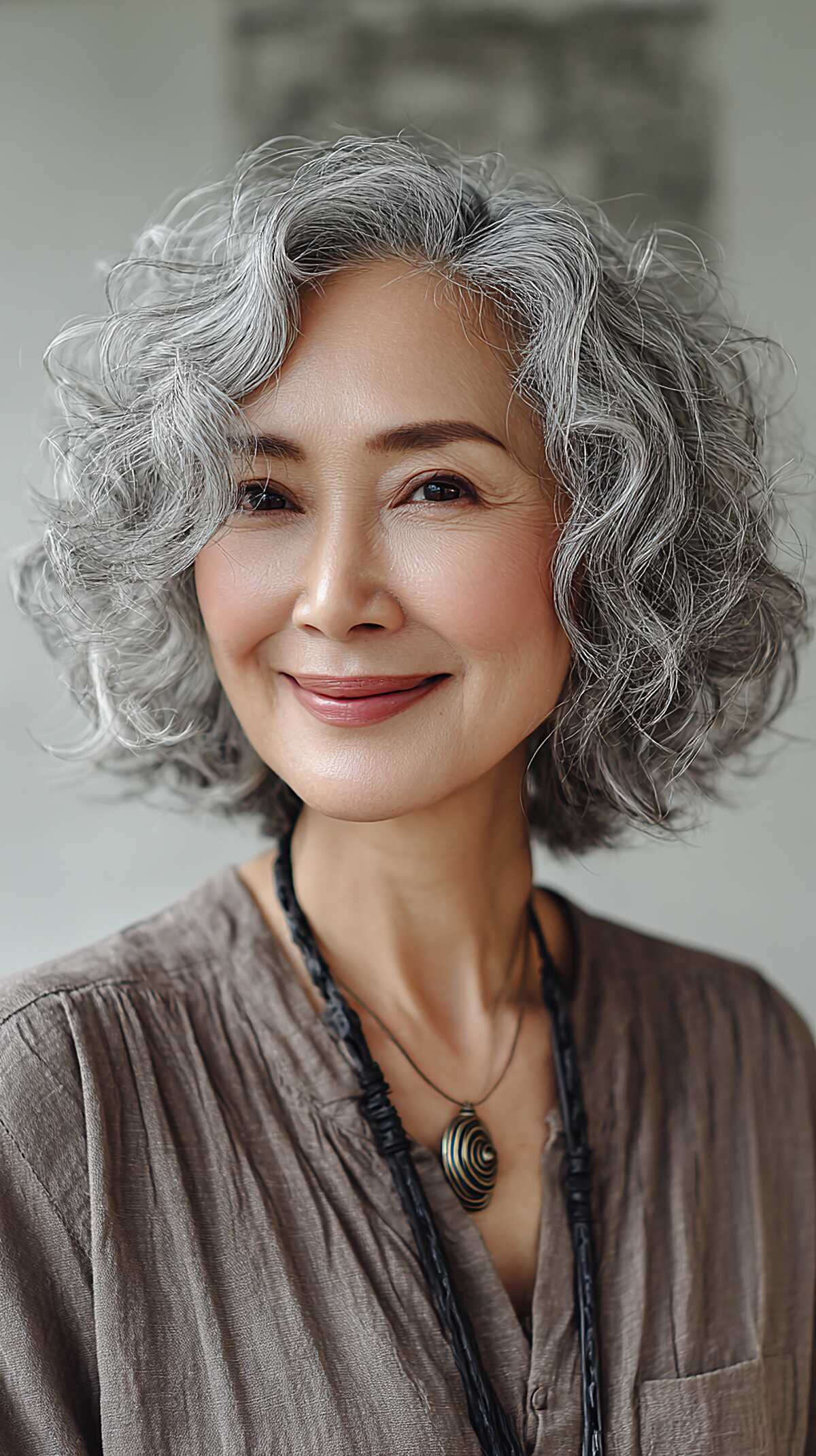 Elegant wavy gray bob with loose curls at chin length