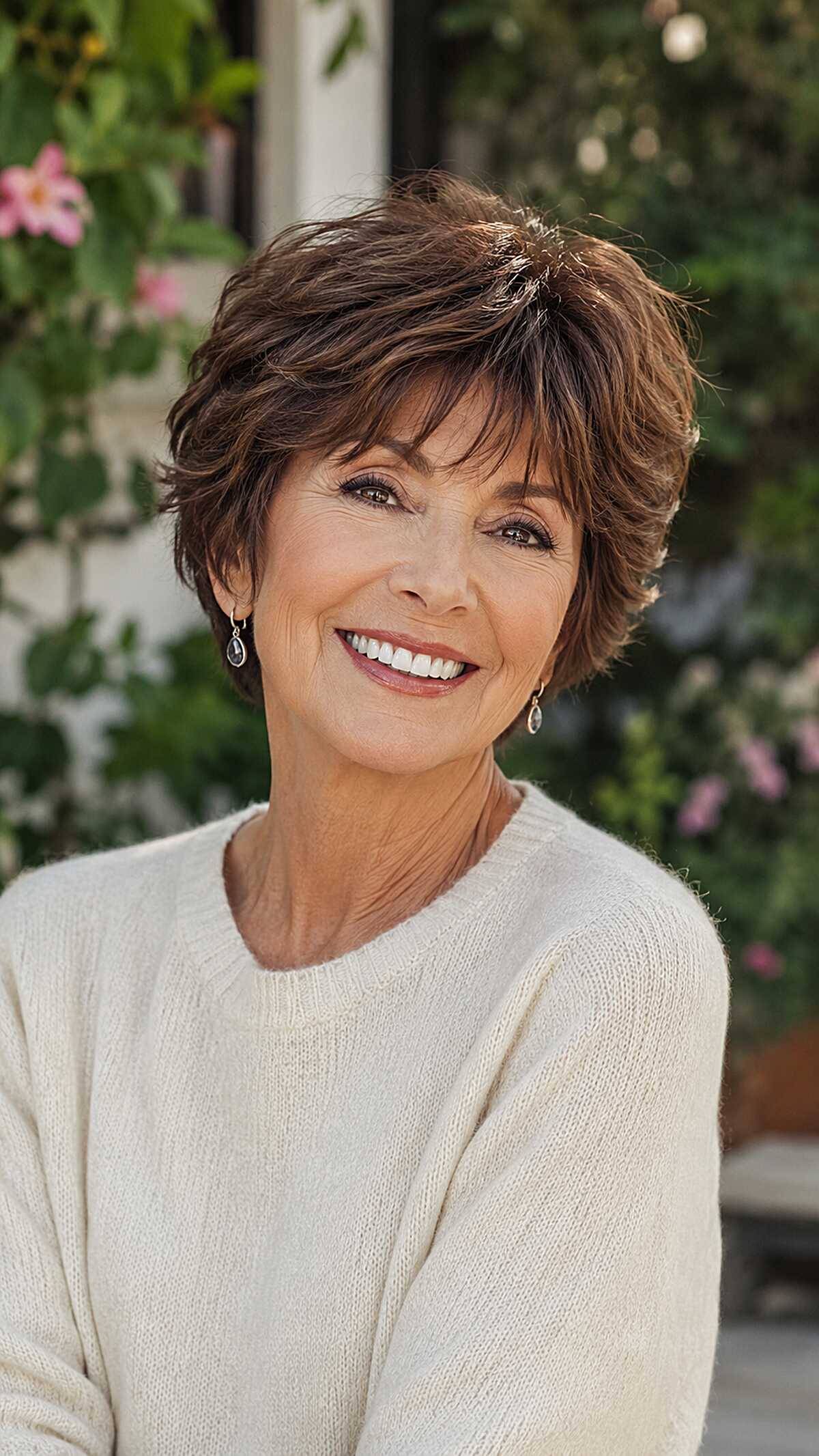 Short feathered brunette shag with volume at the crown