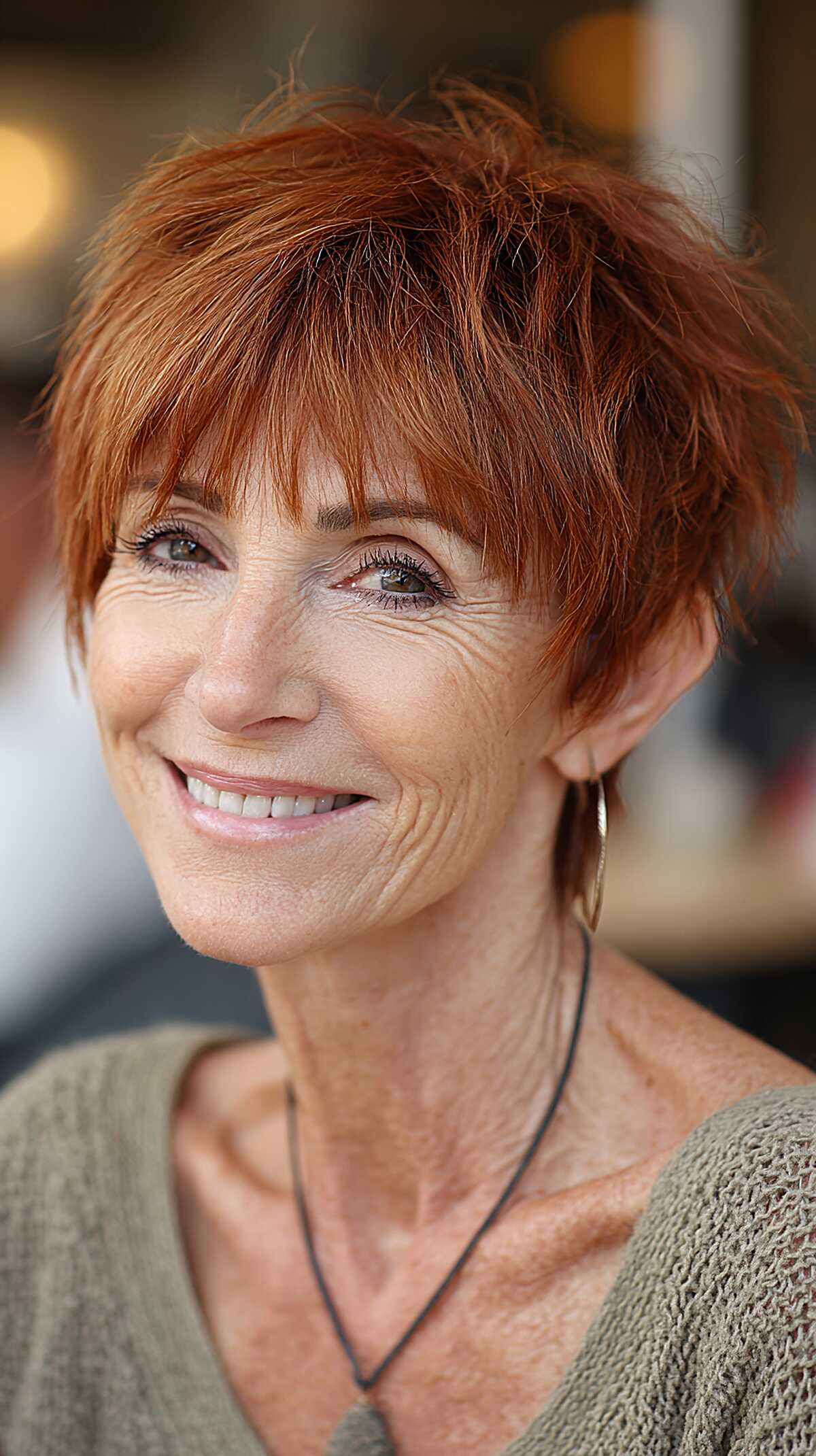 Fiery copper textured mixie with full choppy fringe