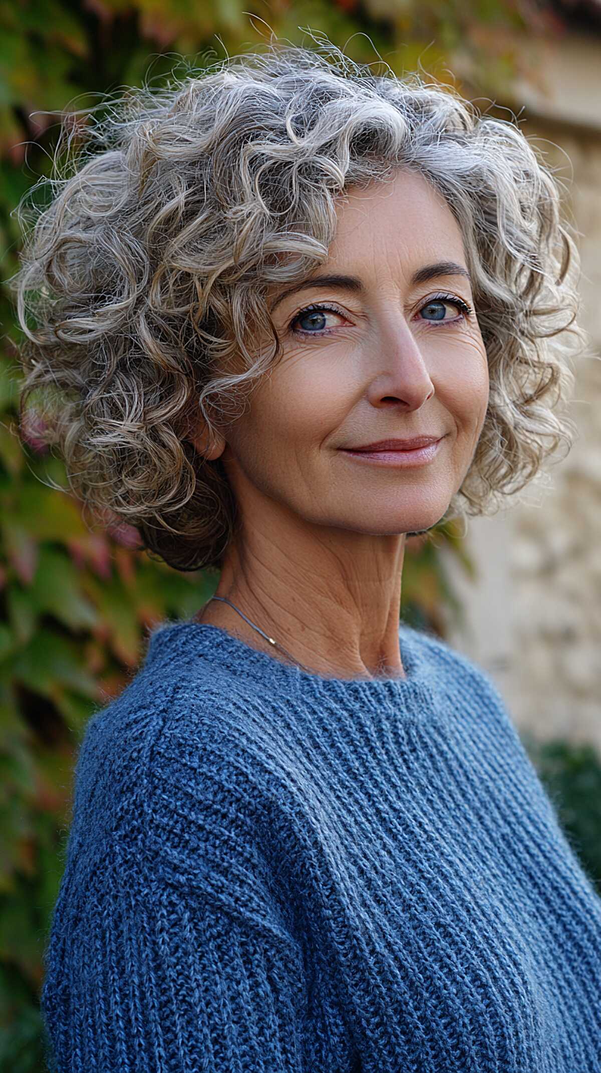 Full springy gray curly bob at chin length