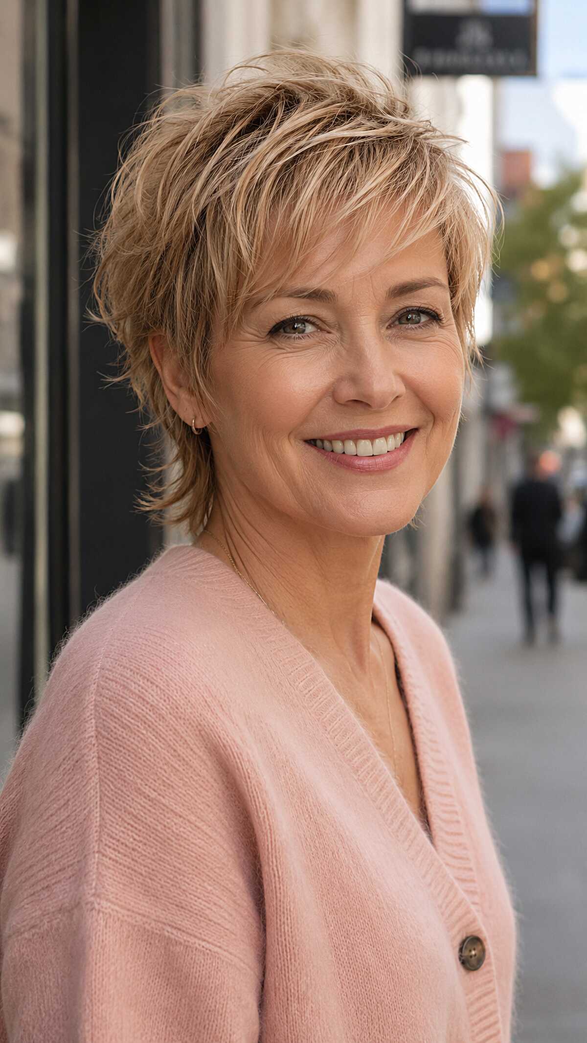 Golden blonde feathered mixie with soft layered bangs