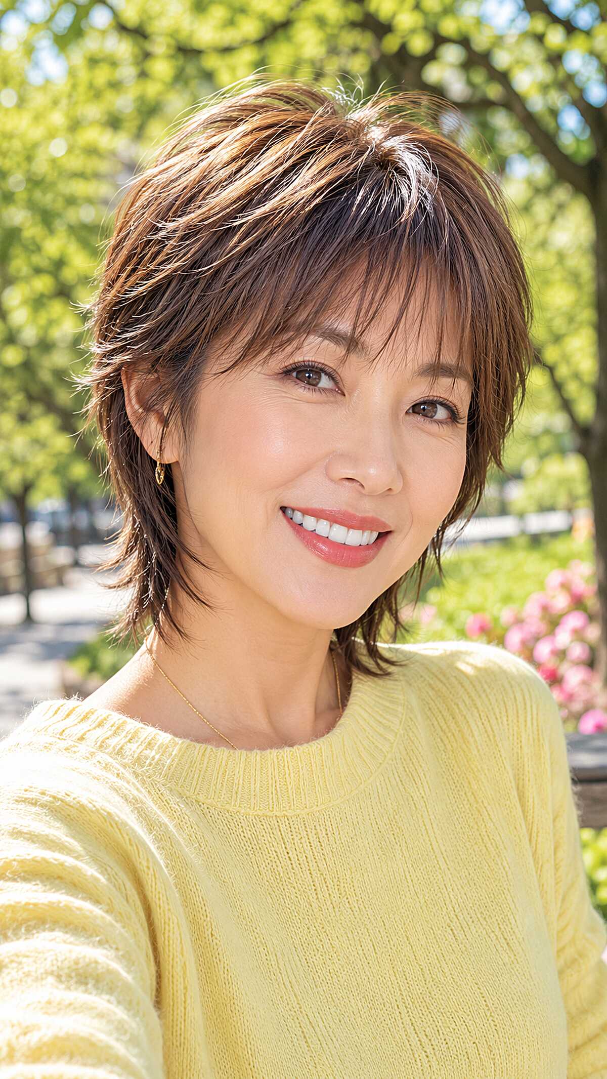 Shaggy brunette mixie with honey highlights and layers
