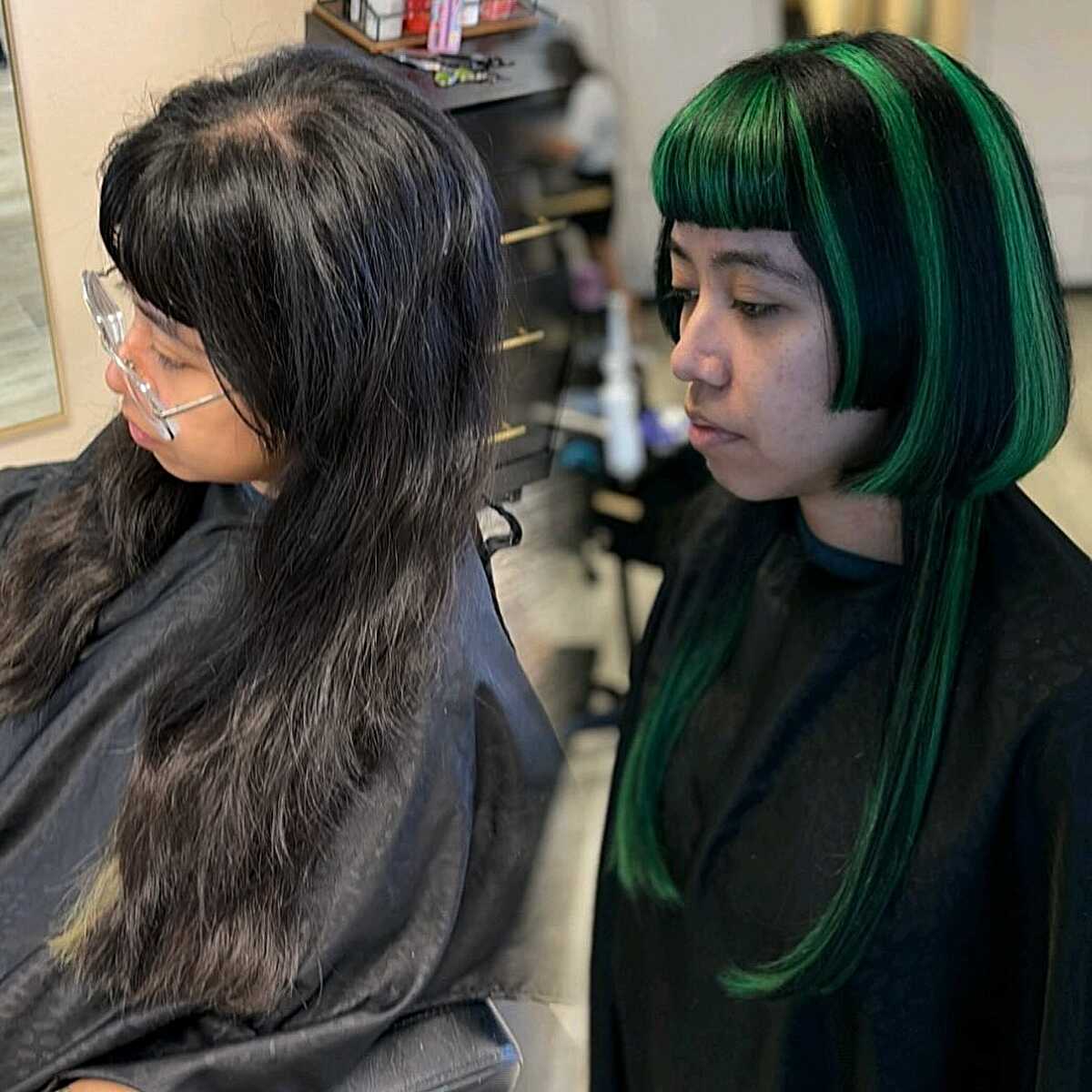 Before and after jellyfish cut with emerald green and black