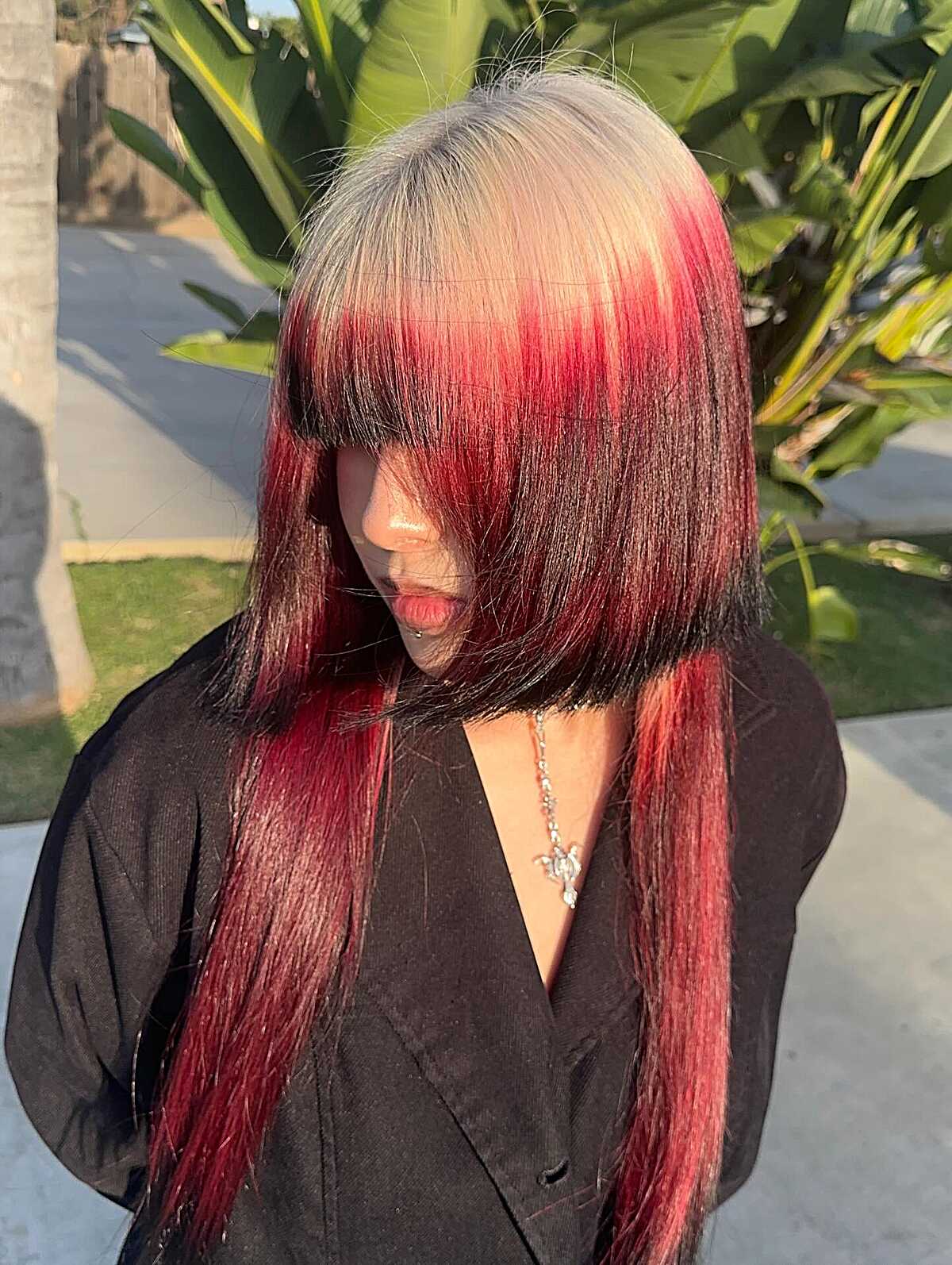 Blonde jellyfish bob with crimson red long underlayer
