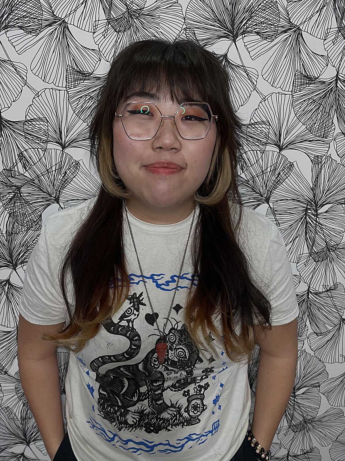 Jellyfish cut with dark to blonde ombré and soft bangs
