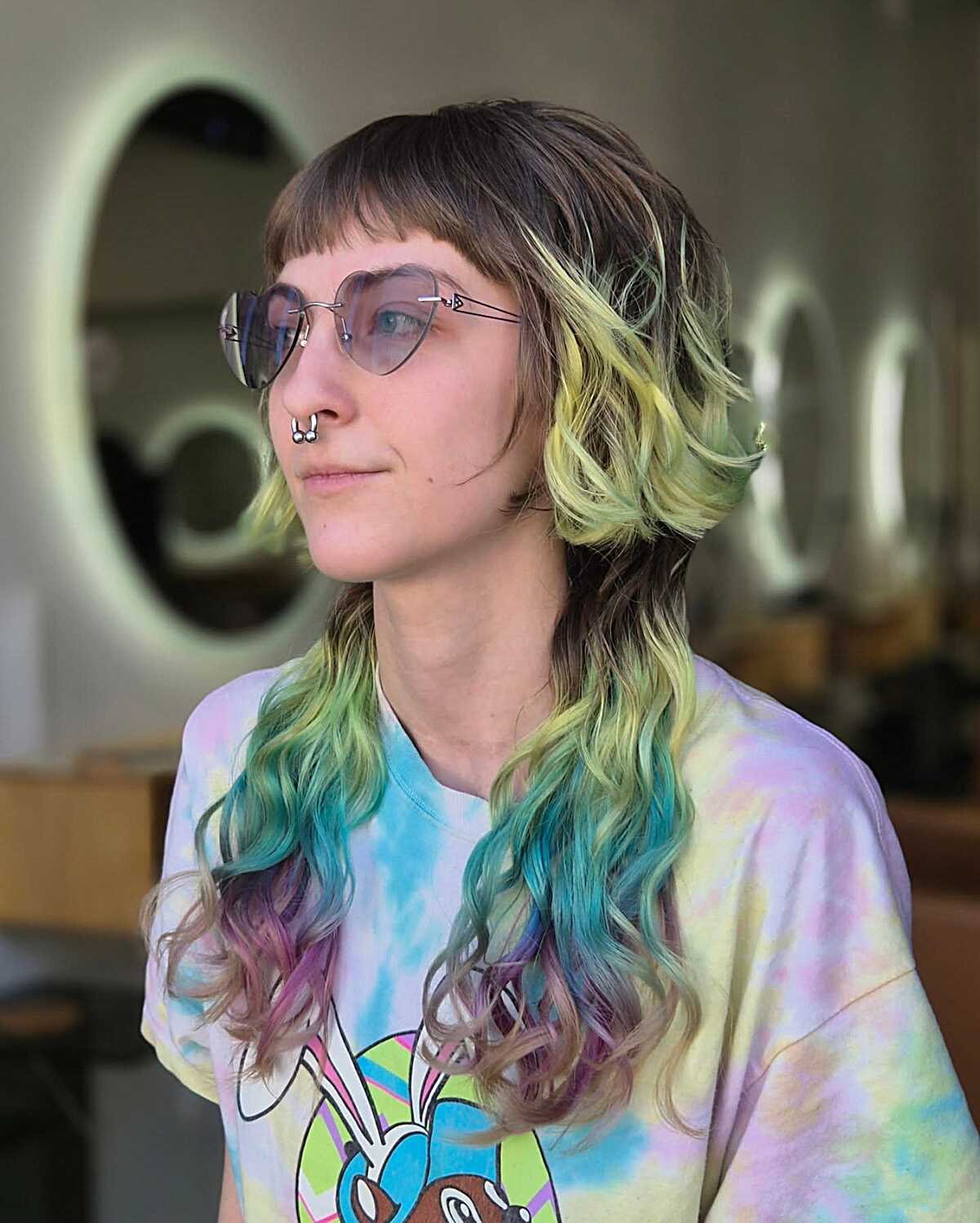 Pastel jellyfish cut with curly yellow green and teal ends