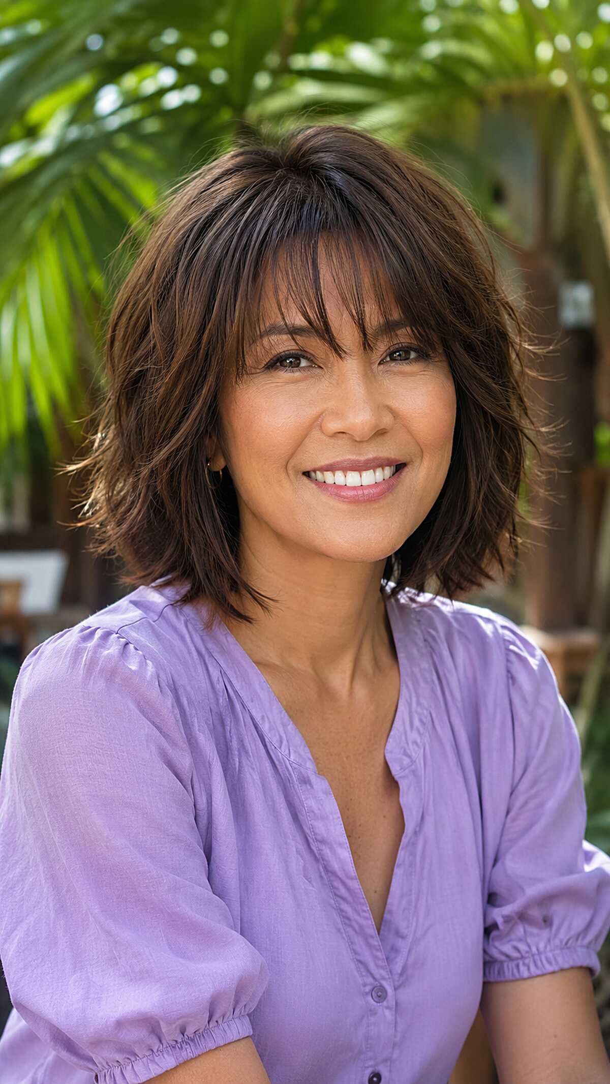 Layered brunette shag bob with wispy curtain bangs