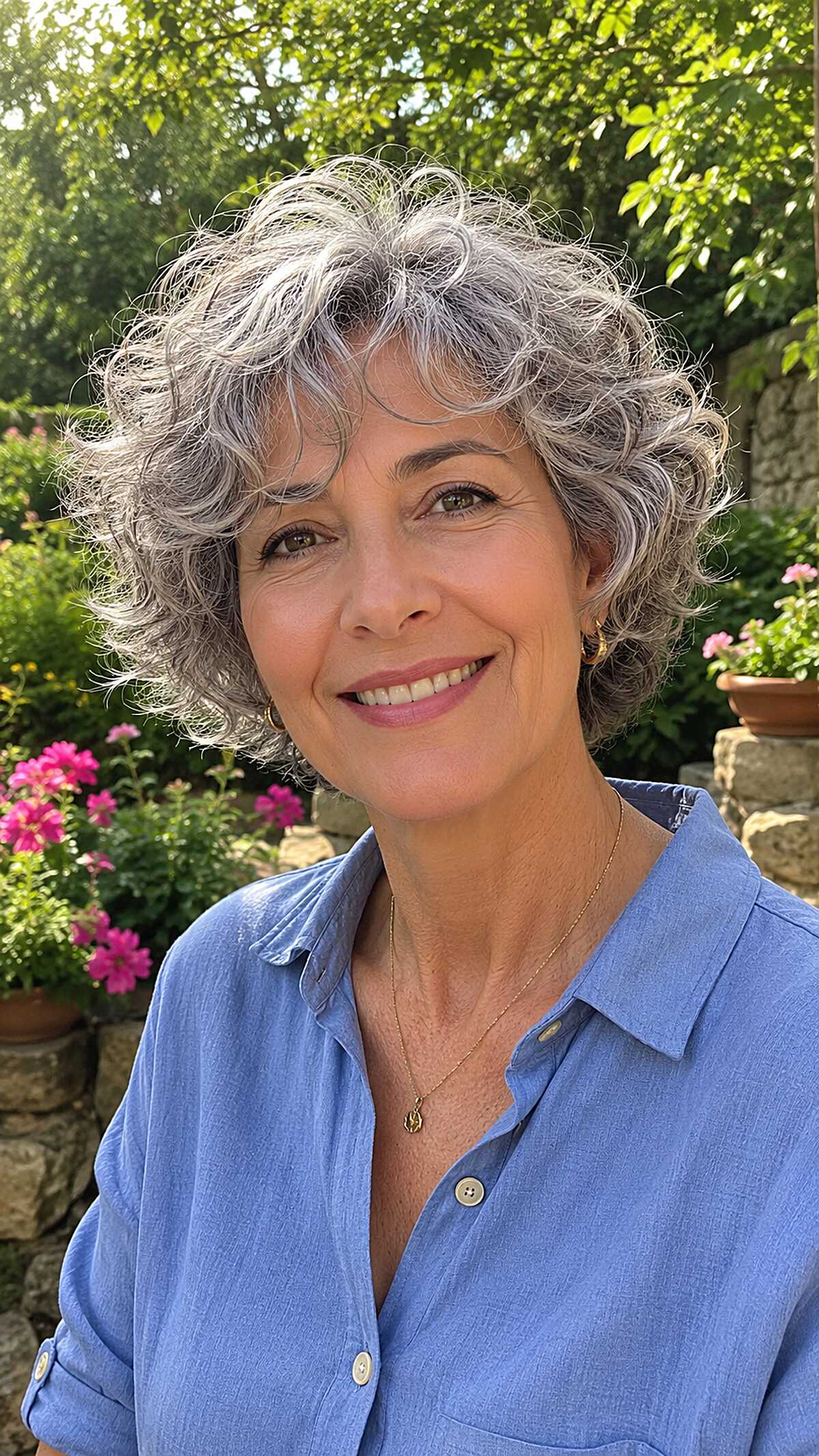 Short layered curly shag with mixed gray and dark tones